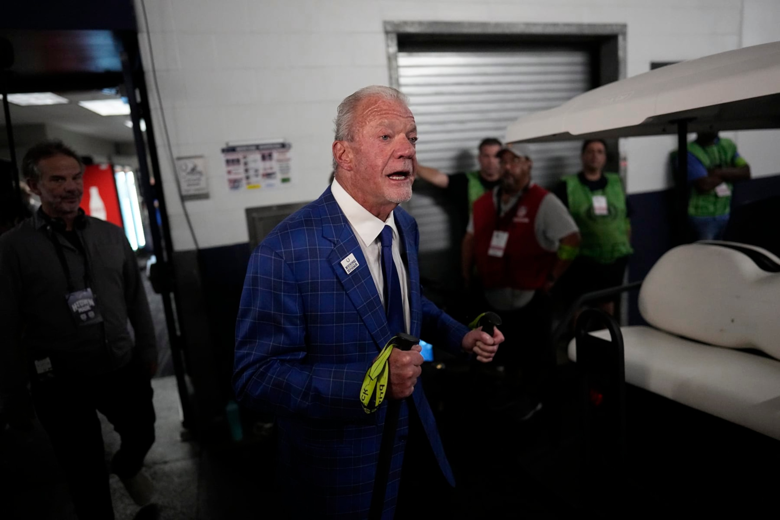 Indianapolis Colts owner Jim Irsay leaves the locker room after after an NFL football game against the Houston Texans Sunday, Sept. 17, 2023, in Houston. The Colts won 31-20. (AP Photo/David J. Phillip)