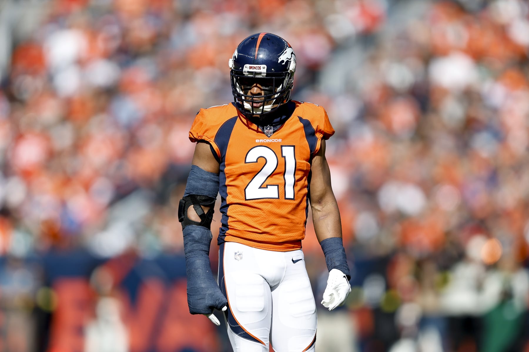 DENVER, COLORADO - OCTOBER 23: K'Waun Williams #21 of the Denver Broncos looks on during an NFL football game between the Denver Broncos and the New York Jets at Empower Field At Mile High on October 23, 2022 in Denver, Colorado. (Photo by Michael Owens/Getty Images)
