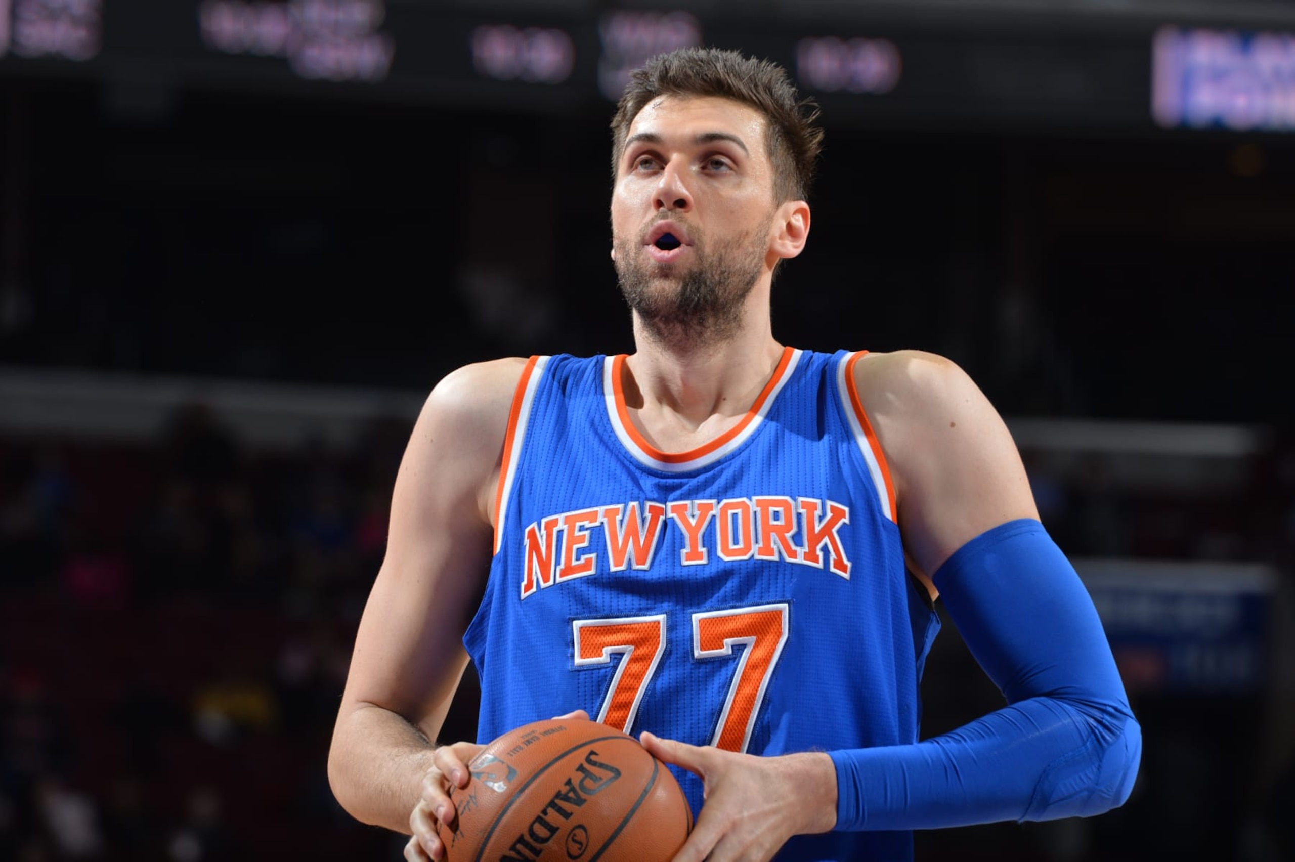 PHILADELPHIA,PA - MARCH 20: Andrea Bargnani #77 of the New York Knicks composes himself prior to shooting a foul shot against the Philadelphia 76ers at Wells Fargo Center on March 20, 2015 in Philadelphia, Pennsylvania NOTE TO USER: User expressly acknowledges and agrees that, by downloading and/or using this Photograph, user is consenting to the terms and conditions of the Getty Images License Agreement. Mandatory Copyright Notice: Copyright 2015 NBAE (Photo by Jesse D. Garrabrant/NBAE via Getty Images) PHILADELPHIA,PA - MARCH 20: Andrea Bargnani #77 of the New York Knicks composes himself prior to shooting a foul shot against the Philadelphia 76ers at Wells Fargo Center on March 20, 2015 in Philadelphia, Pennsylvania NOTE TO USER: User expressly acknowledges and agrees that, by downloading and/or using this Photograph, user is consenting to the terms and conditions of the Getty Images License Agreement. Mandatory Copyright Notice: Copyright 2015 NBAE (Photo by Jesse D. Garrabrant/NBAE via Getty Images)