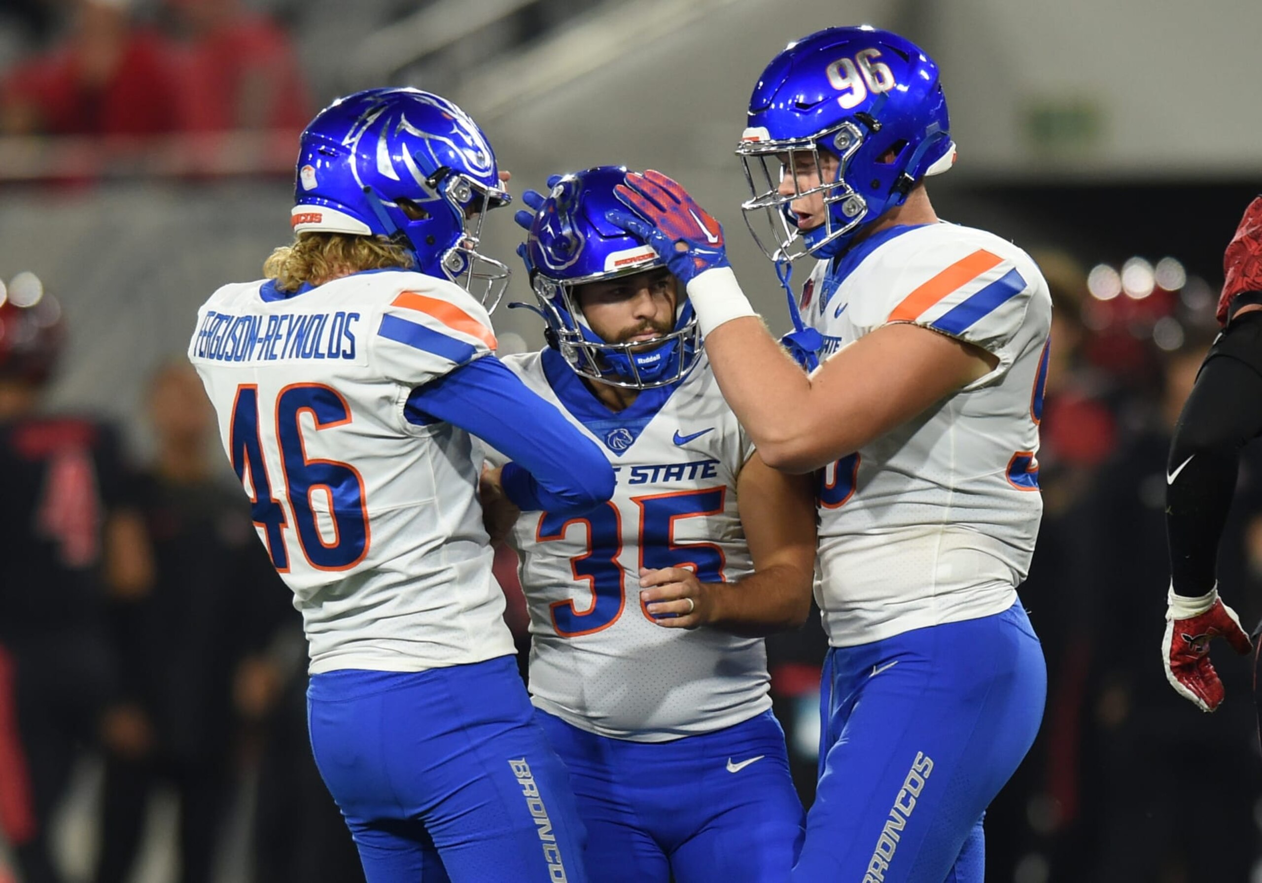 SAN DIEGO, CA - SEPTEMBER 22: Boise State kicker Jonah Dalmas (35) celebrates with Boise State punter James Ferguson-Reynolds (46) and Boise State tight end Luke Voorhees (96) after kicking a field goal during a college football game between the Boise State Broncos and the San Diego State Aztecs on September 22, 2023, at Snapdragon Stadium in San Diego, CA. (Photo by Chris Williams/Icon Sportswire via Getty Images)
