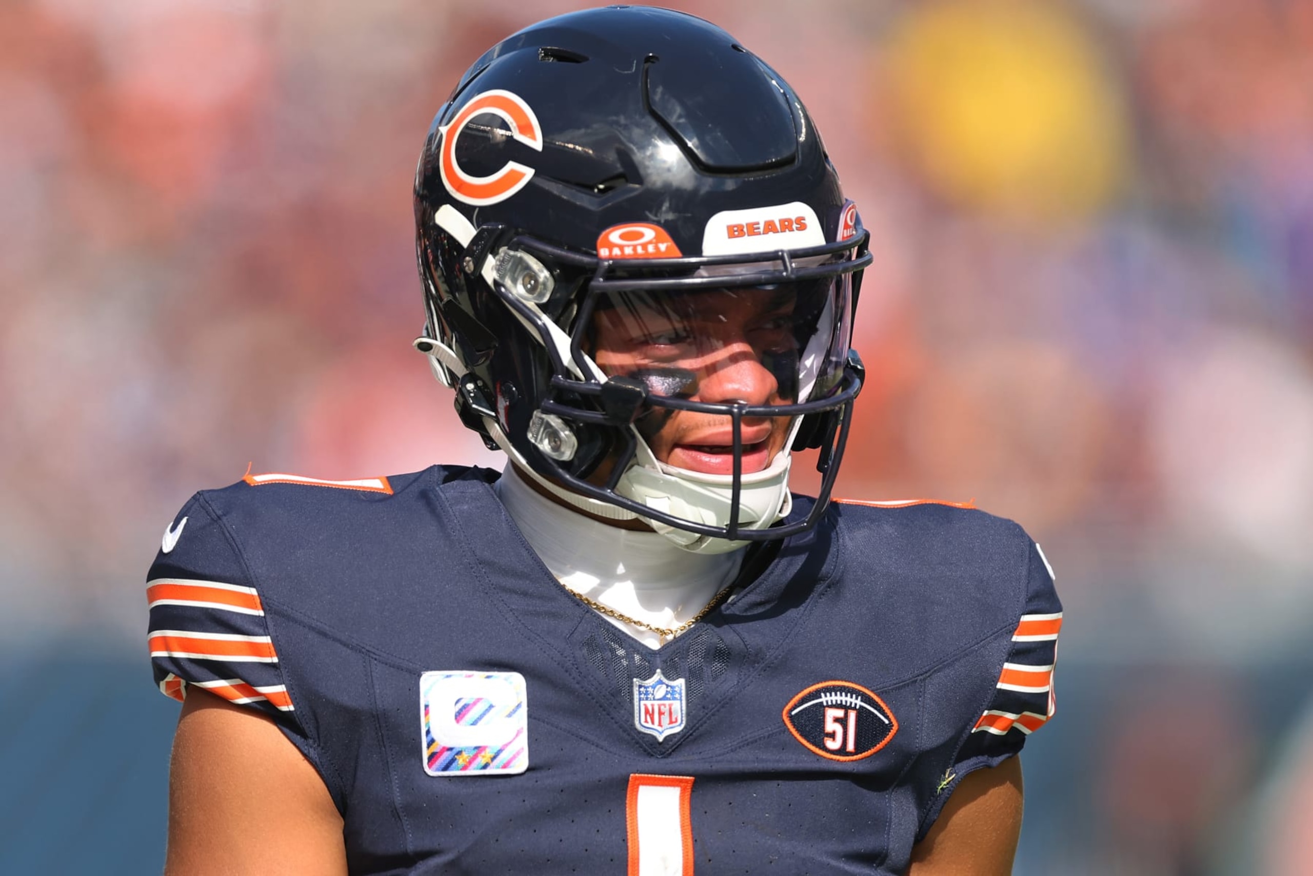 CHICAGO, ILLINOIS - OCTOBER 15: Justin Fields #1 of the Chicago Bears looks on against the Minnesota Vikings at Soldier Field on October 15, 2023 in Chicago, Illinois. (Photo by Michael Reaves/Getty Images)