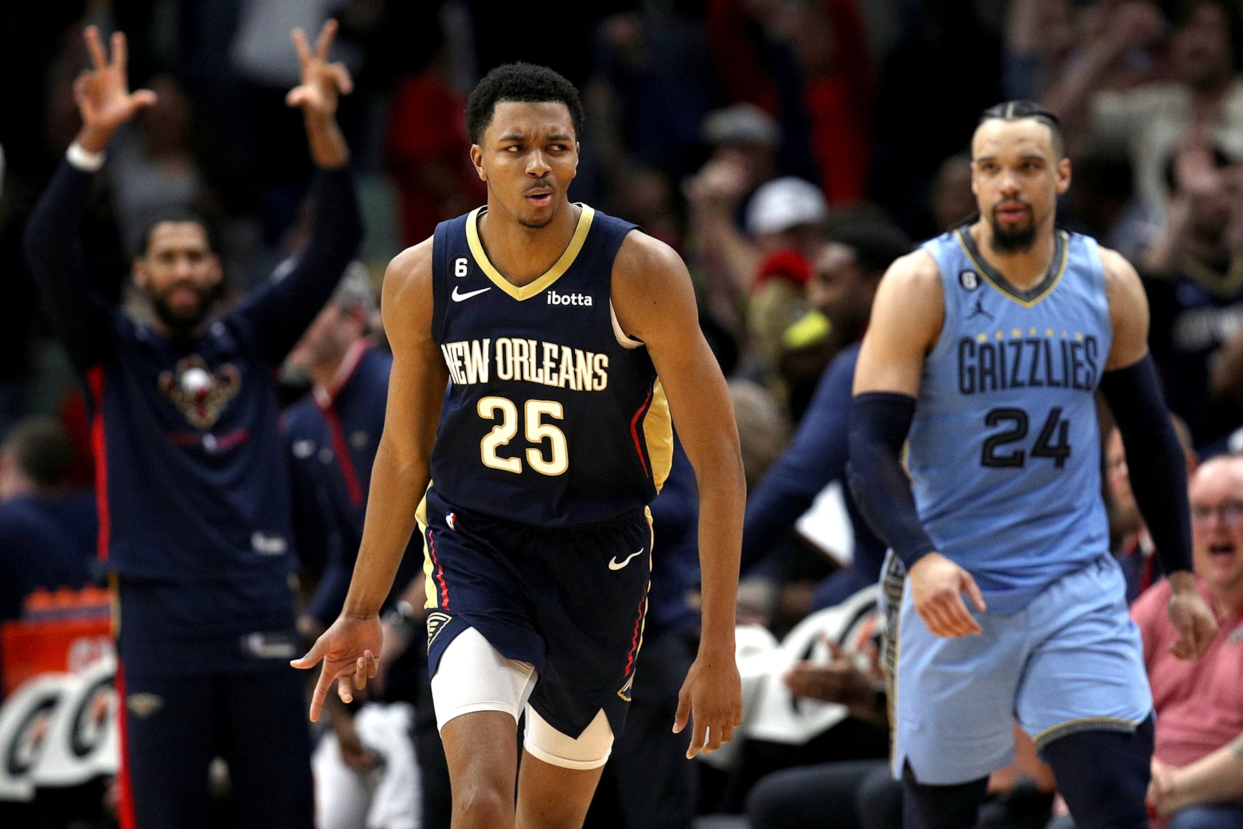 NEW ORLEANS, LOUISIANA - APRIL 05: Trey Murphy III #25 of the New Orleans Pelicans reacts after scoring a three point basket during overtime of an NBA game against the Memphis Grizzlies at Smoothie King Center on April 05, 2023 in New Orleans, Louisiana. NOTE TO USER: User expressly acknowledges and agrees that, by downloading and or using this photograph, User is consenting to the terms and conditions of the Getty Images License Agreement. (Photo by Sean Gardner/Getty Images) NEW ORLEANS, LOUISIANA - APRIL 05: Trey Murphy III #25 of the New Orleans Pelicans reacts after scoring a three point basket during overtime of an NBA game against the Memphis Grizzlies at Smoothie King Center on April 05, 2023 in New Orleans, Louisiana. NOTE TO USER: User expressly acknowledges and agrees that, by downloading and or using this photograph, User is consenting to the terms and conditions of the Getty Images License Agreement. (Photo by Sean Gardner/Getty Images)