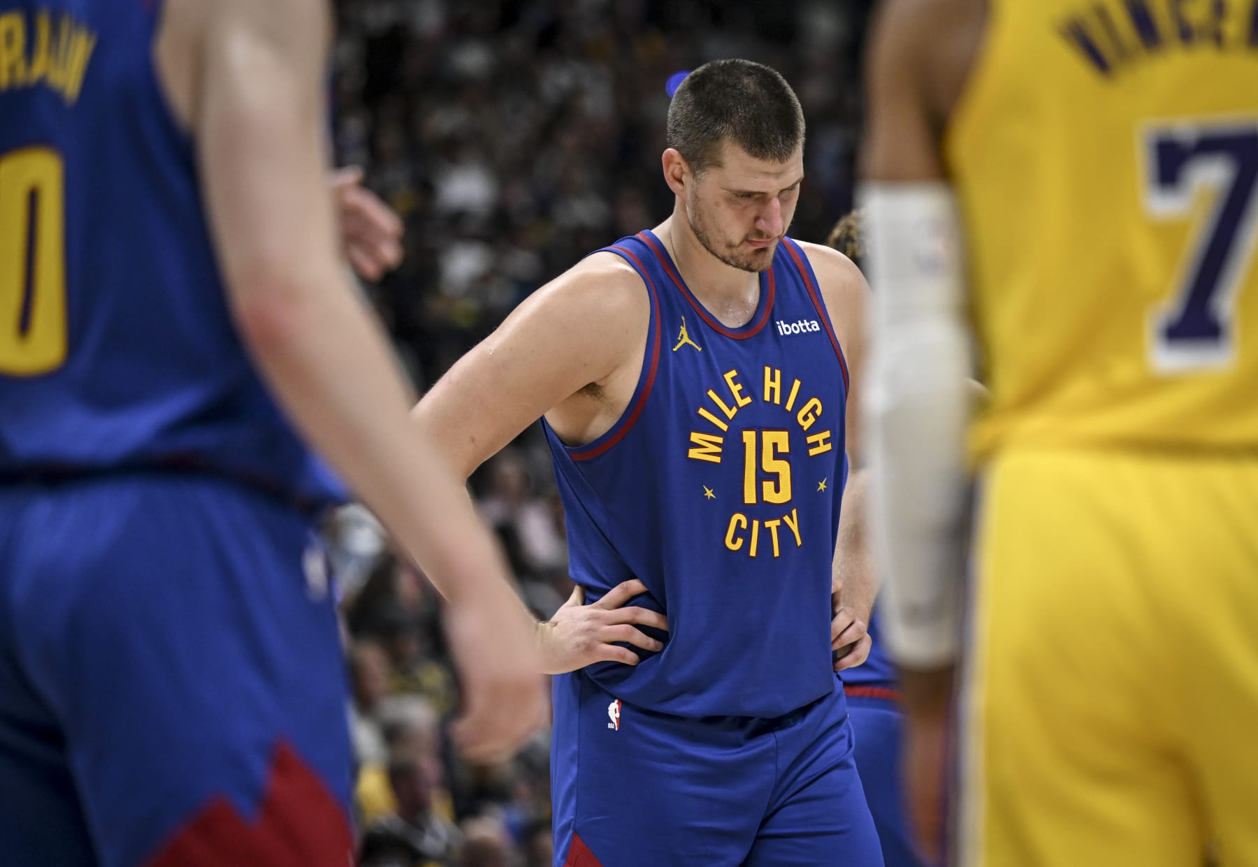 DENVER, CO - OCTOBER 24: Nikola Jokic (15) of the Denver Nuggets thinks inwardly during the fourth quarter of the Nuggets' 119-107 win over the Los Angeles Lakers at Ball Arena in Denver on Tuesday, October 24, 2023. (Photo by AAron Ontiveroz/The Denver Post)