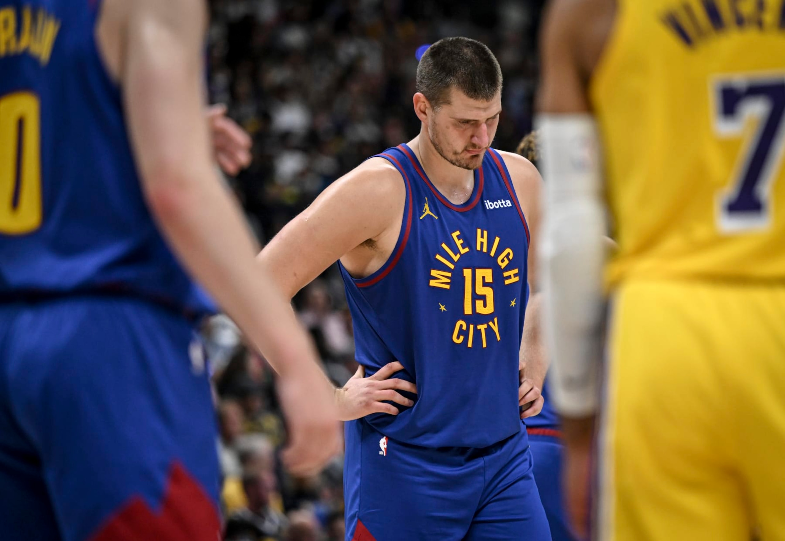 DENVER, CO - OCTOBER 24: Nikola Jokic (15) of the Denver Nuggets thinks inwardly during the fourth quarter of the Nuggets' 119-107 win over the Los Angeles Lakers at Ball Arena in Denver on Tuesday, October 24, 2023. (Photo by AAron Ontiveroz/The Denver Post)