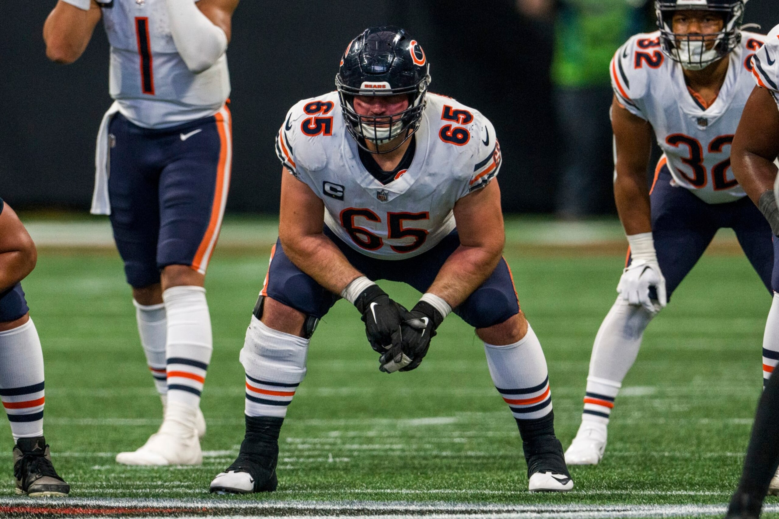 Chicago Bears center Cody Whitehair (65) works during the first half of an NFL football game against the Atlanta Falcons, Sunday, Nov. 20, 2022, in Atlanta. The Atlanta Falcons won 27-24. (AP Photo/Danny Karnik)