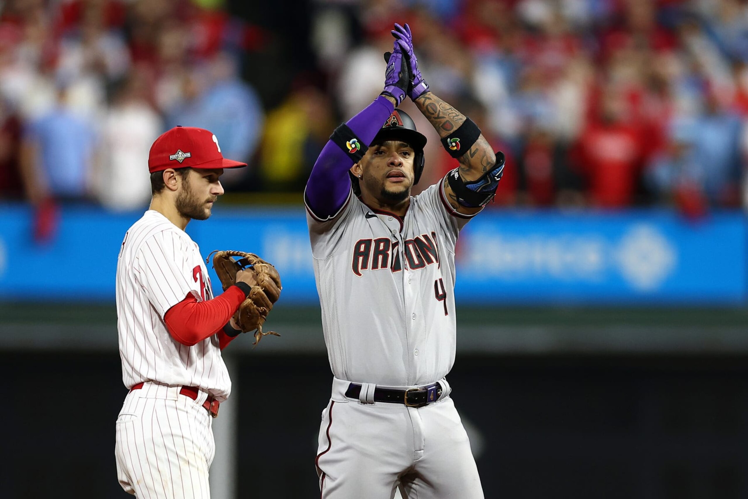 PHILADELPHIA, PENNSYLVANIA - OCTOBER 24: Ketel Marte #4 of the Arizona Diamondbacks celebrates his double against the Philadelphia Phillies during the seventh inning in Game Seven of the Championship Series at Citizens Bank Park on October 24, 2023 in Philadelphia, Pennsylvania. (Photo by Elsa/Getty Images) PHILADELPHIA, PENNSYLVANIA - OCTOBER 24: Ketel Marte #4 of the Arizona Diamondbacks celebrates his double against the Philadelphia Phillies during the seventh inning in Game Seven of the Championship Series at Citizens Bank Park on October 24, 2023 in Philadelphia, Pennsylvania. (Photo by Elsa/Getty Images)
