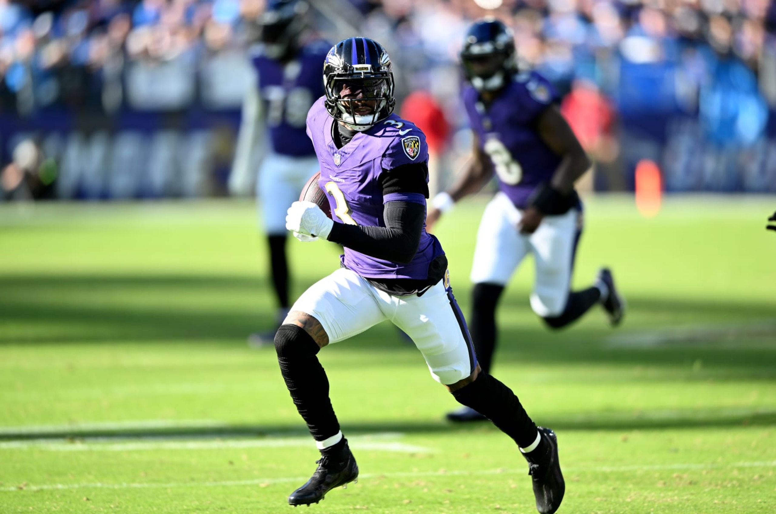 BALTIMORE, MARYLAND - OCTOBER 22: Odell Beckham Jr. #3 of the Baltimore Ravens runs with the ball after making a catch against the at M&T Bank Stadium on October 22, 2023 in Baltimore, Maryland. (Photo by G Fiume/Getty Images)