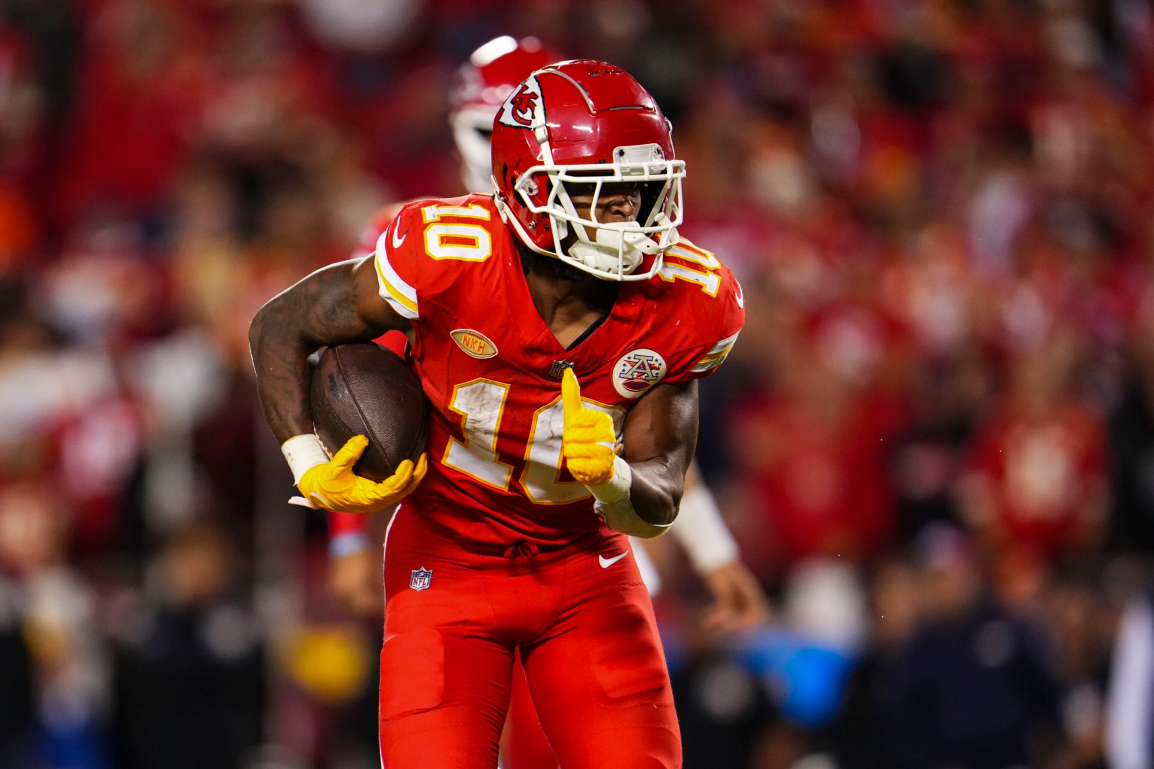 KANSAS CITY, MO - OCTOBER 12: Isiah Pacheco #10 of the Kansas City Chiefs runs the ball during an NFL football game against the Denver Broncos at GEHA Field at Arrowhead Stadium on October 12, 2023 in Kansas City, Missouri. (Photo by Cooper Neill/Getty Images)