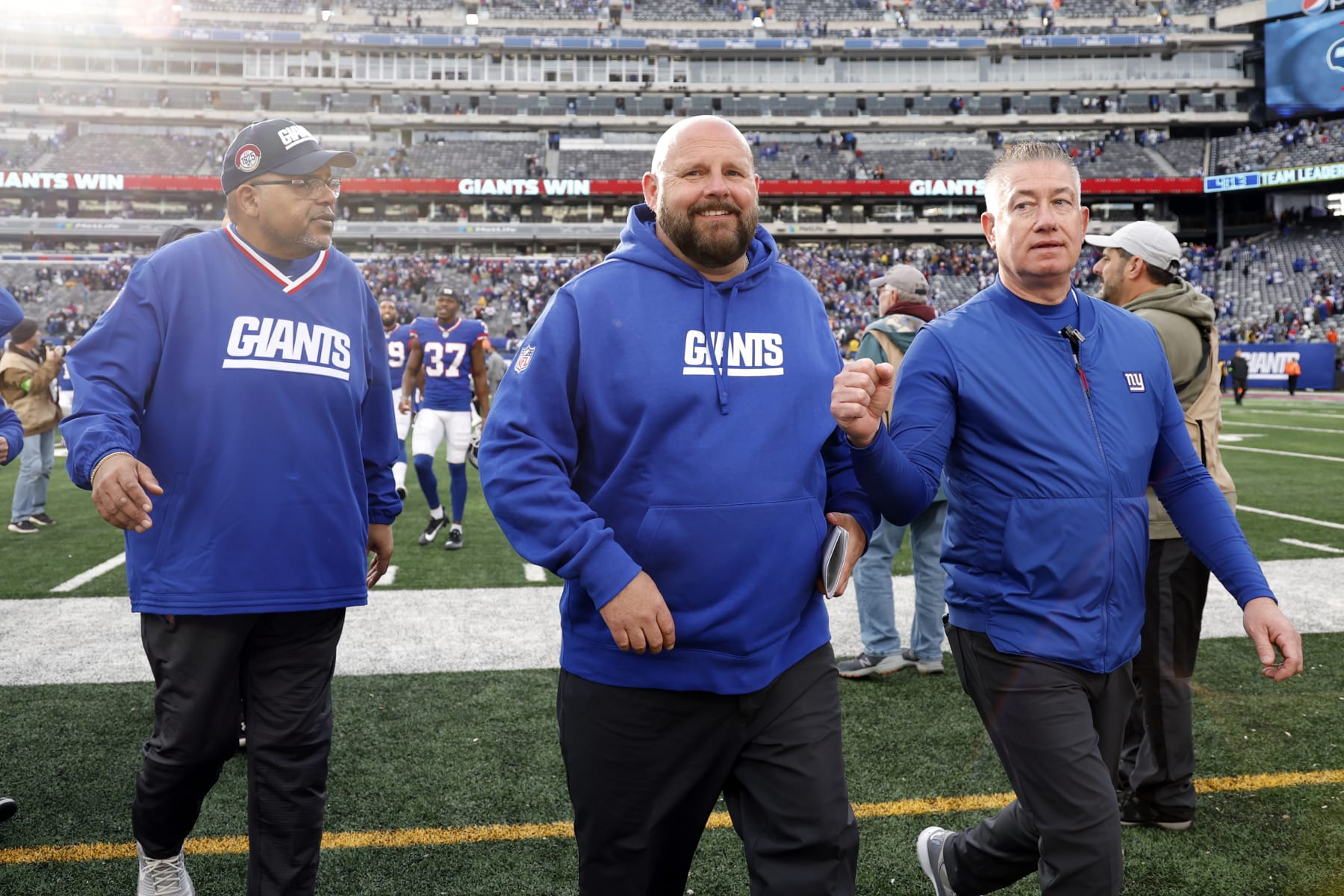 EAST RUTHERFORD, NEW JERSEY - OCTOBER 22: Head Coach Brian Daboll of the New York Giants walks off the field after defeating the Washington Commanders at MetLife Stadium on October 22, 2023 in East Rutherford, New Jersey. (Photo by Sarah Stier/Getty Images)