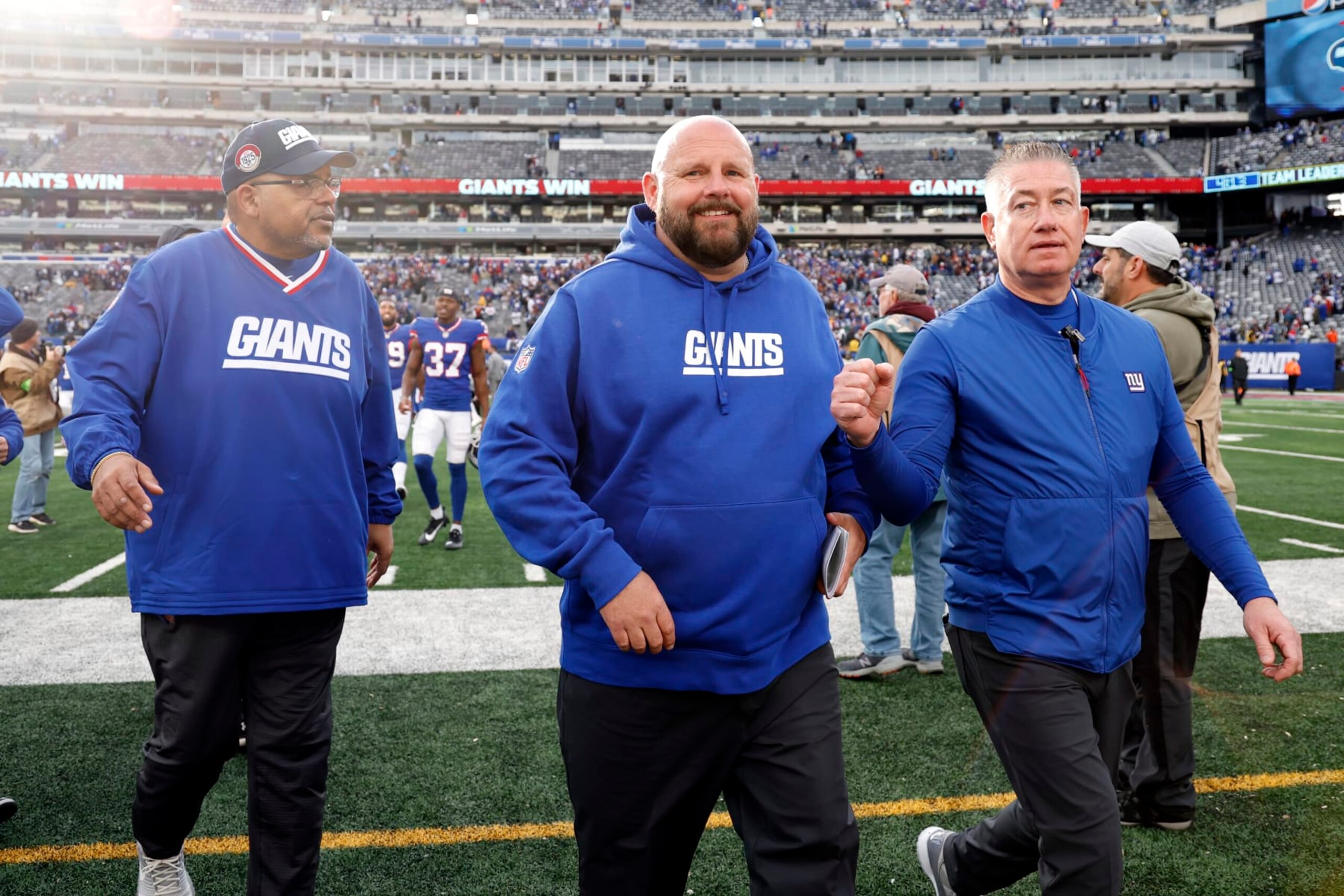 EAST RUTHERFORD, NEW JERSEY - OCTOBER 22: Head Coach Brian Daboll of the New York Giants walks off the field after defeating the Washington Commanders at MetLife Stadium on October 22, 2023 in East Rutherford, New Jersey. (Photo by Sarah Stier/Getty Images) EAST RUTHERFORD, NEW JERSEY - OCTOBER 22: Head Coach Brian Daboll of the New York Giants walks off the field after defeating the Washington Commanders at MetLife Stadium on October 22, 2023 in East Rutherford, New Jersey. (Photo by Sarah Stier/Getty Images)
