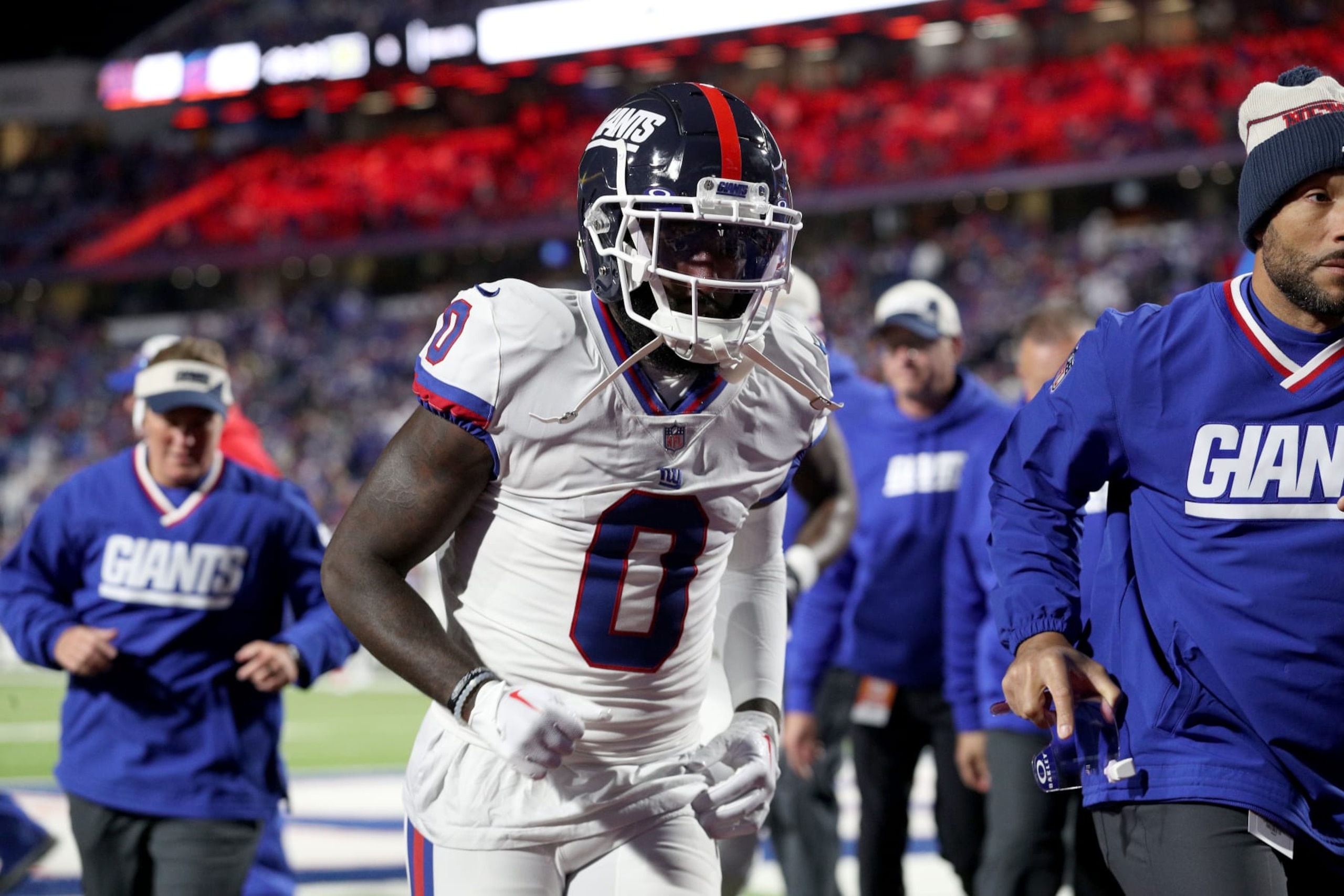 ORCHARD PARK, NEW YORK - OCTOBER 15: Parris Campbell #0 of the New York Giants runs off the field prior to a game against the Buffalo Bills at Highmark Stadium on October 15, 2023 in Orchard Park, New York. (Photo by Bryan Bennett/Getty Images) ORCHARD PARK, NEW YORK - OCTOBER 15: Parris Campbell #0 of the New York Giants runs off the field prior to a game against the Buffalo Bills at Highmark Stadium on October 15, 2023 in Orchard Park, New York. (Photo by Bryan Bennett/Getty Images)