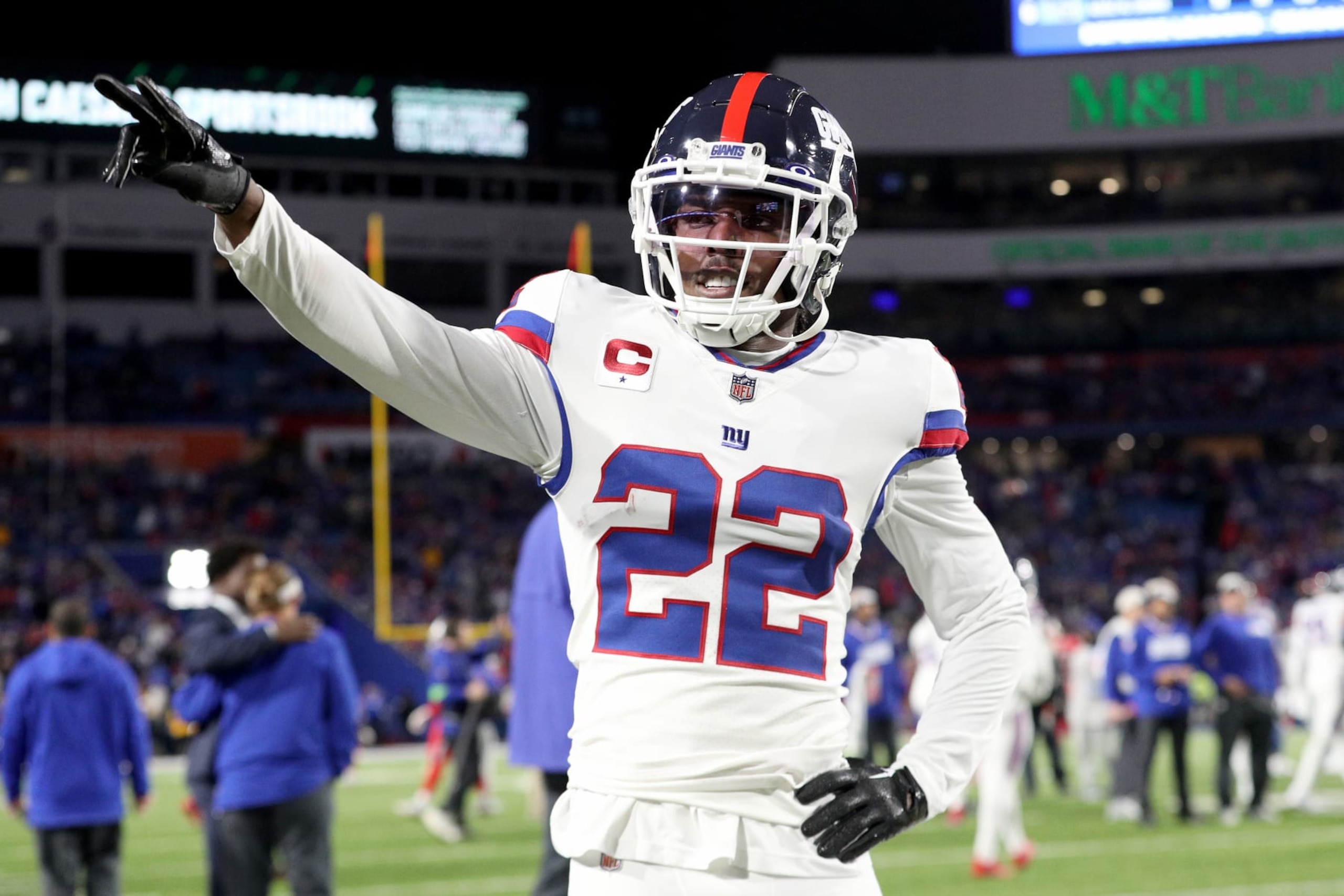 ORCHARD PARK, NEW YORK - OCTOBER 15: Adoree' Jackson #22 of the New York Giants signals to fans prior to a game against the Buffalo Bills at Highmark Stadium on October 15, 2023 in Orchard Park, New York. (Photo by Bryan Bennett/Getty Images) ORCHARD PARK, NEW YORK - OCTOBER 15: Adoree' Jackson #22 of the New York Giants signals to fans prior to a game against the Buffalo Bills at Highmark Stadium on October 15, 2023 in Orchard Park, New York. (Photo by Bryan Bennett/Getty Images)