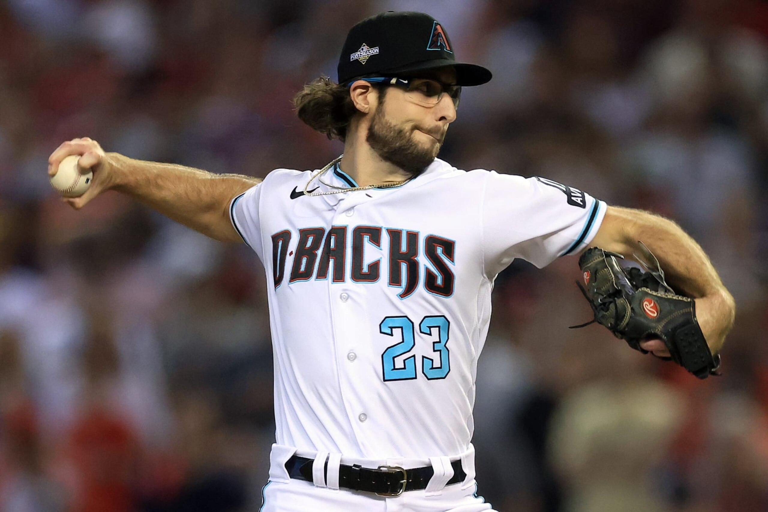 PHOENIX, ARIZONA - OCTOBER 21: Zac Gallen #23 of the Arizona Diamondbacks throws a pitch against the Philadelphia Phillies during the first inning  during Game Five of the Championship Series at Chase Field on October 21, 2023 in Phoenix, Arizona. (Photo by Sean M. Haffey/Getty Images)