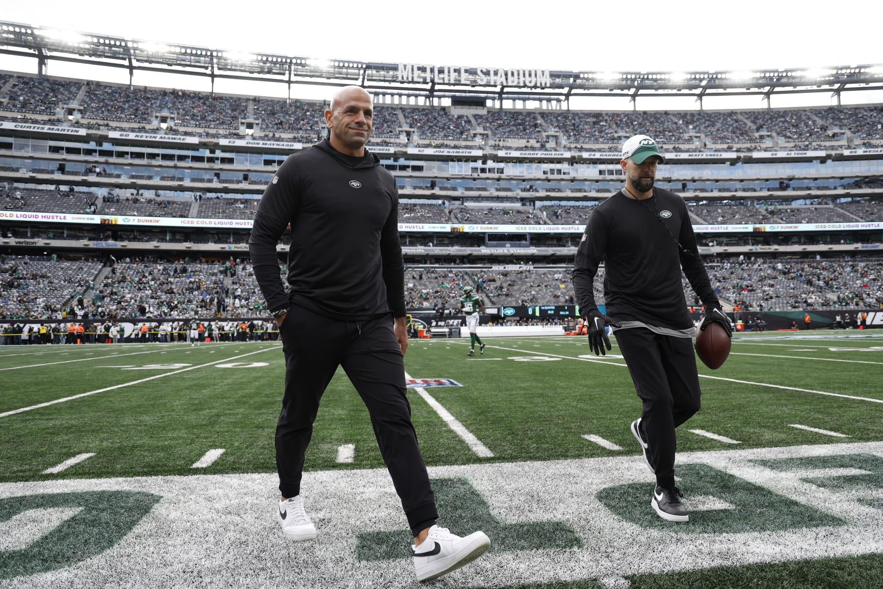 EAST RUTHERFORD, NEW JERSEY - OCTOBER 15: Head coach Robert Saleh of the New York Jets walks on the field before the game against the Philadelphia Eagles at MetLife Stadium on October 15, 2023 in East Rutherford, New Jersey. (Photo by Sarah Stier/Getty Images)