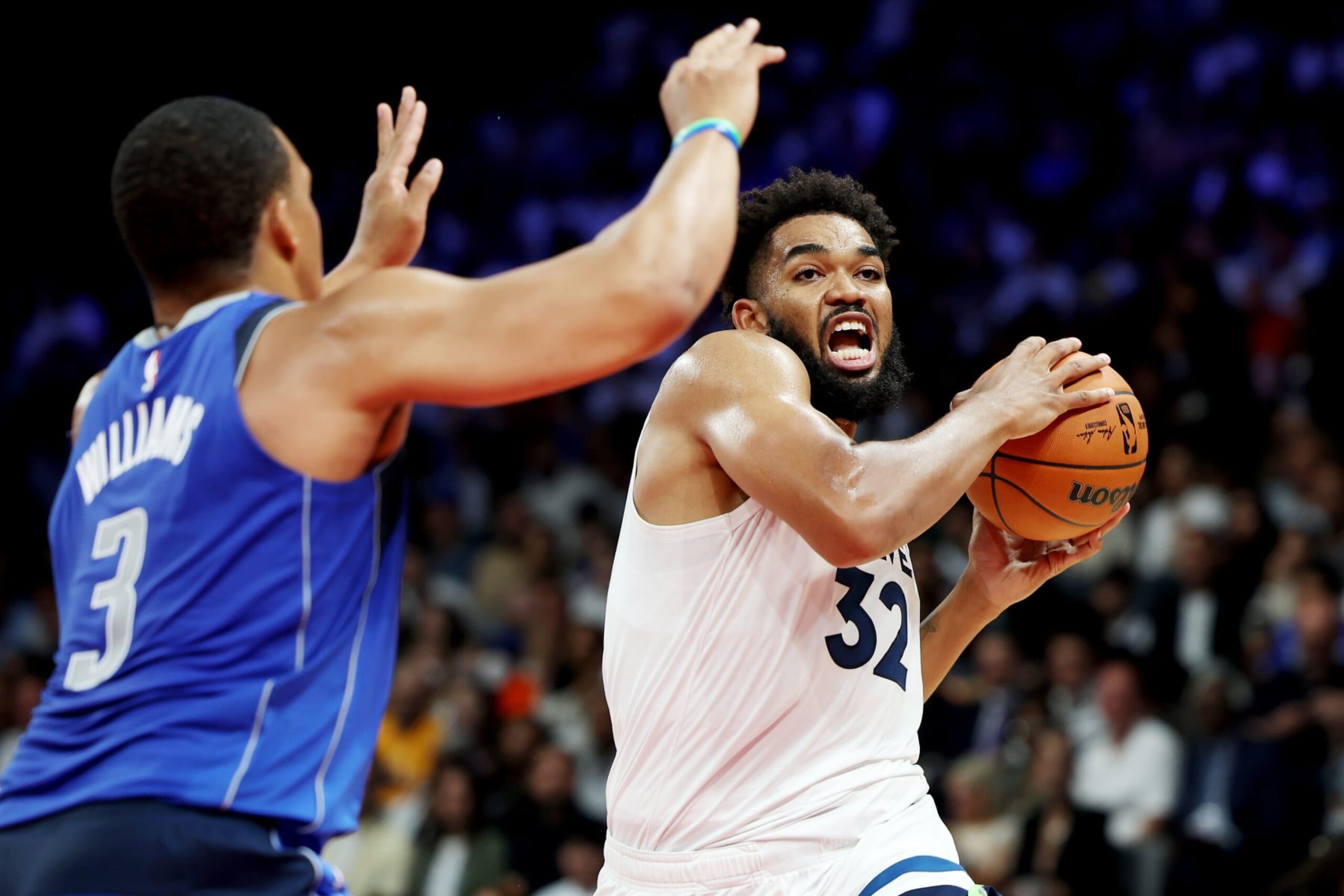ABU DHABI, UNITED ARAB EMIRATES - OCTOBER 07: Karl-Anthony Towns #32 of the Minnesota Timberwolves drives to the basket during the first half of the preseason NBA game between Minnesota Timberwolves and Dallas Mavericks at Etihad Arena on October 07, 2023 in Abu Dhabi, United Arab Emirates. NOTE TO USER: User expressly acknowledges and agrees that, by downloading and or using this photograph, User is consenting to the terms and conditions of the Getty Images License Agreement. (Photo by Christopher Pike/Getty Images)