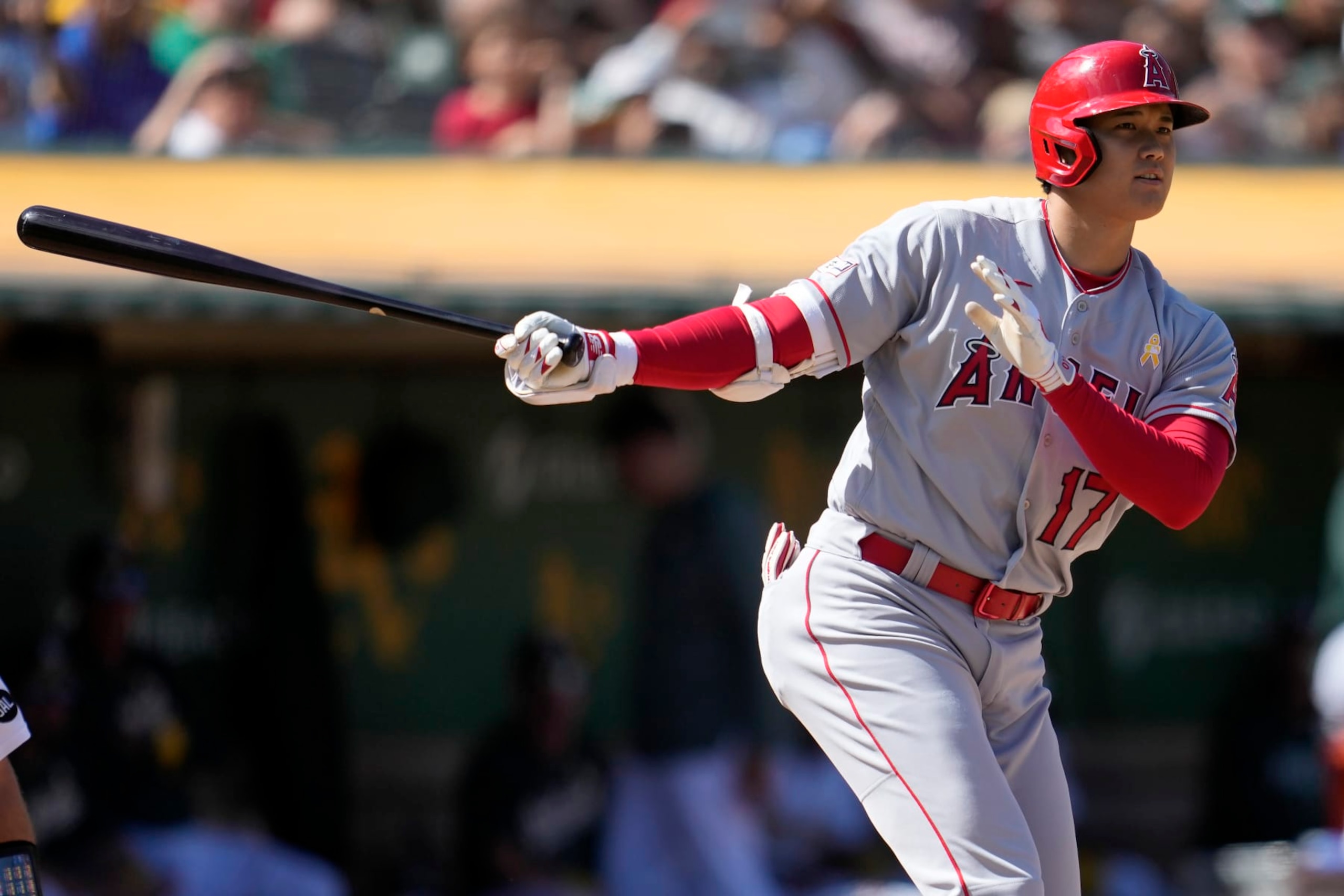 Los Angeles Angels' Shohei Ohtani during a baseball game against the Oakland Athletics in Oakland, Calif., Sunday, Sept. 3, 2023. (AP Photo/Jeff Chiu)