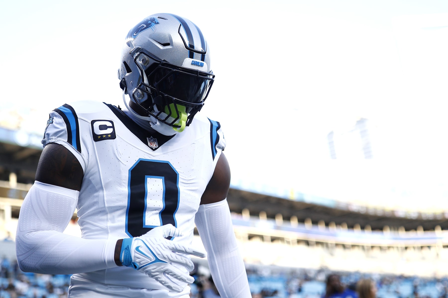 CHARLOTTE, NORTH CAROLINA - SEPTEMBER 18: Brian Burns #0 of the Carolina Panthers warms up prior to the game against the New Orleans Saints at Bank of America Stadium on September 18, 2023 in Charlotte, North Carolina. (Photo by Jared C. Tilton/Getty Images)