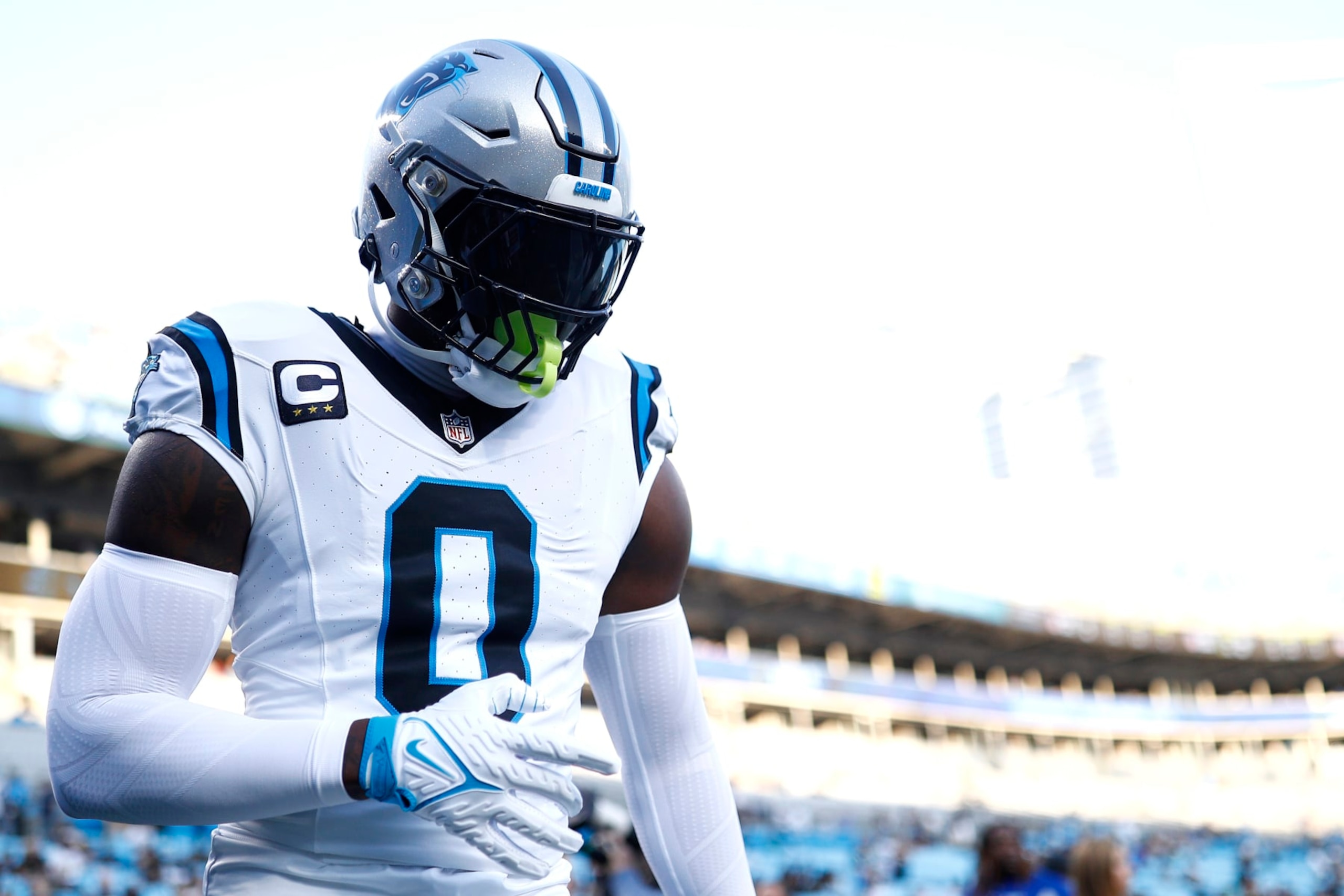CHARLOTTE, NORTH CAROLINA - SEPTEMBER 18: Brian Burns #0 of the Carolina Panthers warms up prior to the game against the New Orleans Saints at Bank of America Stadium on September 18, 2023 in Charlotte, North Carolina. (Photo by Jared C. Tilton/Getty Images)