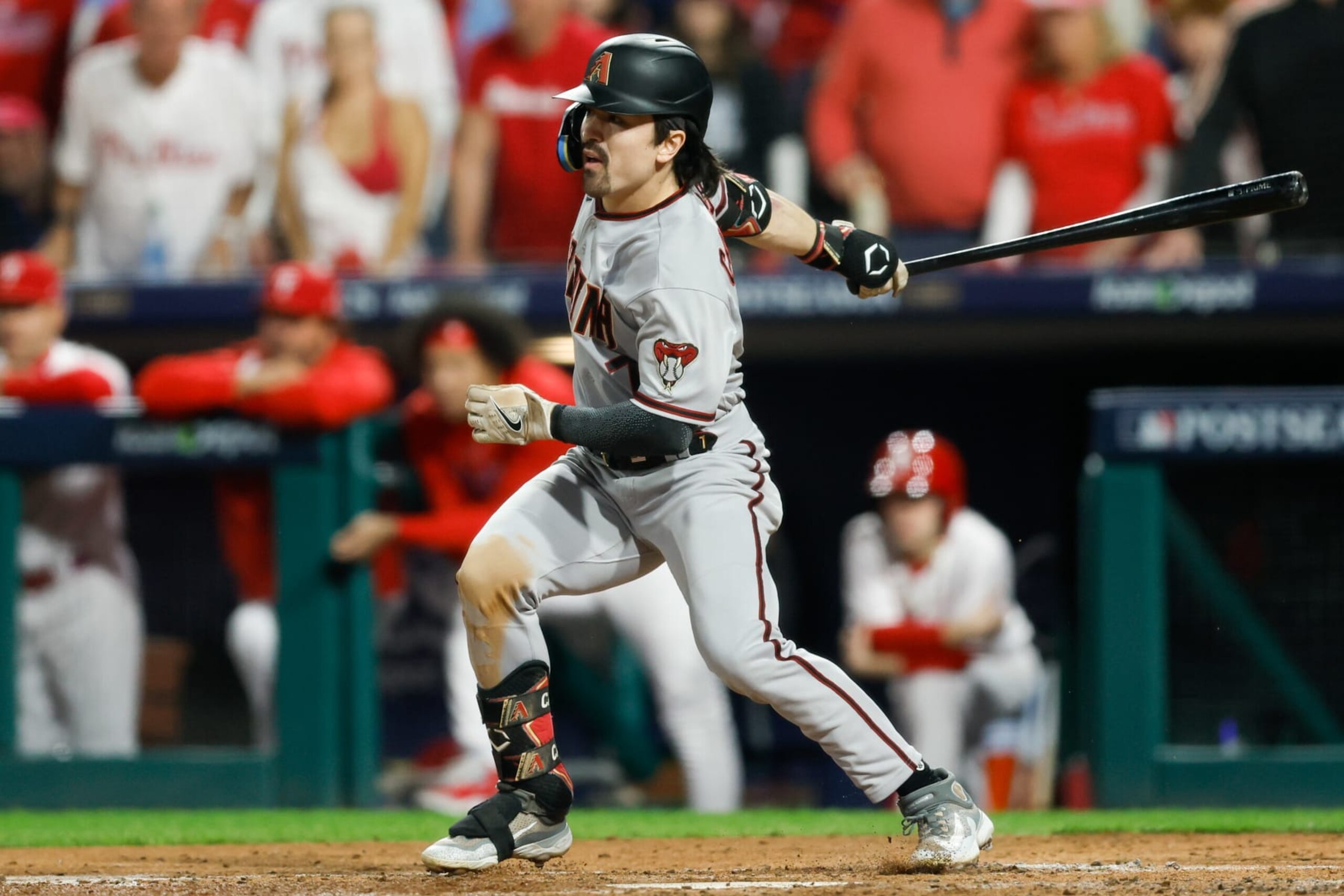 PHILADELPHIA, PA - OCTOBER 24:   Corbin Carroll #7 of the Arizona Diamondbacks hits a single in the third inning during Game 7 of the NLCS between the Arizona Diamondbacks and the Philadelphia Phillies at Citizens Bank Park on Tuesday, October 24, 2023 in Philadelphia, Pennsylvania. (Photo by Brian Garfinkel/MLB Photos via Getty Images)