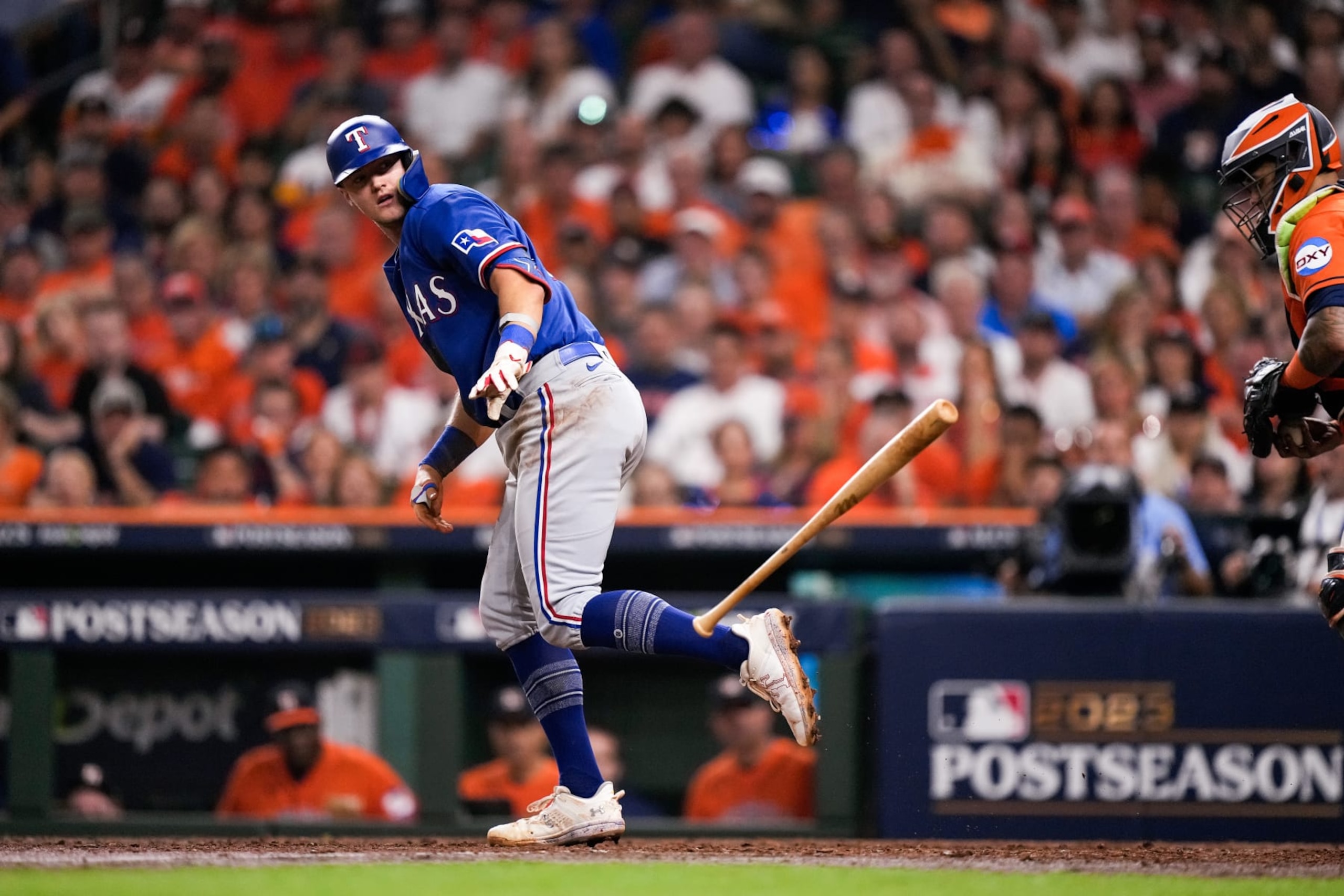 HOUSTON, TX - OCTOBER 22: Josh Jung #6 of the Texas Rangers is walked by Rafael Montero #47 of the Houston Astros during Game Six of the American League Championship Series at Minute Maid Park on October 22, 2023 in Houston, Texas. (Photo by Bailey Orr/Texas Rangers/Getty Images)