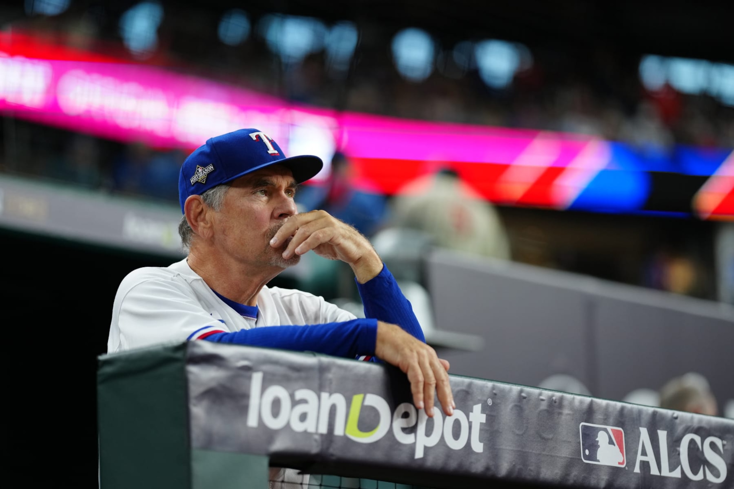 ARLINGTON, TX - OCTOBER 18: Manager Bruce Bochy #15 of the Texas Rangers looks on prior to Game 3 of the ALCS between the Houston Astros and the Texas Rangers at Globe Life Field on Wednesday, October 18, 2023 in Arlington, Texas. (Photo by Daniel Shirey/MLB Photos via Getty Images)