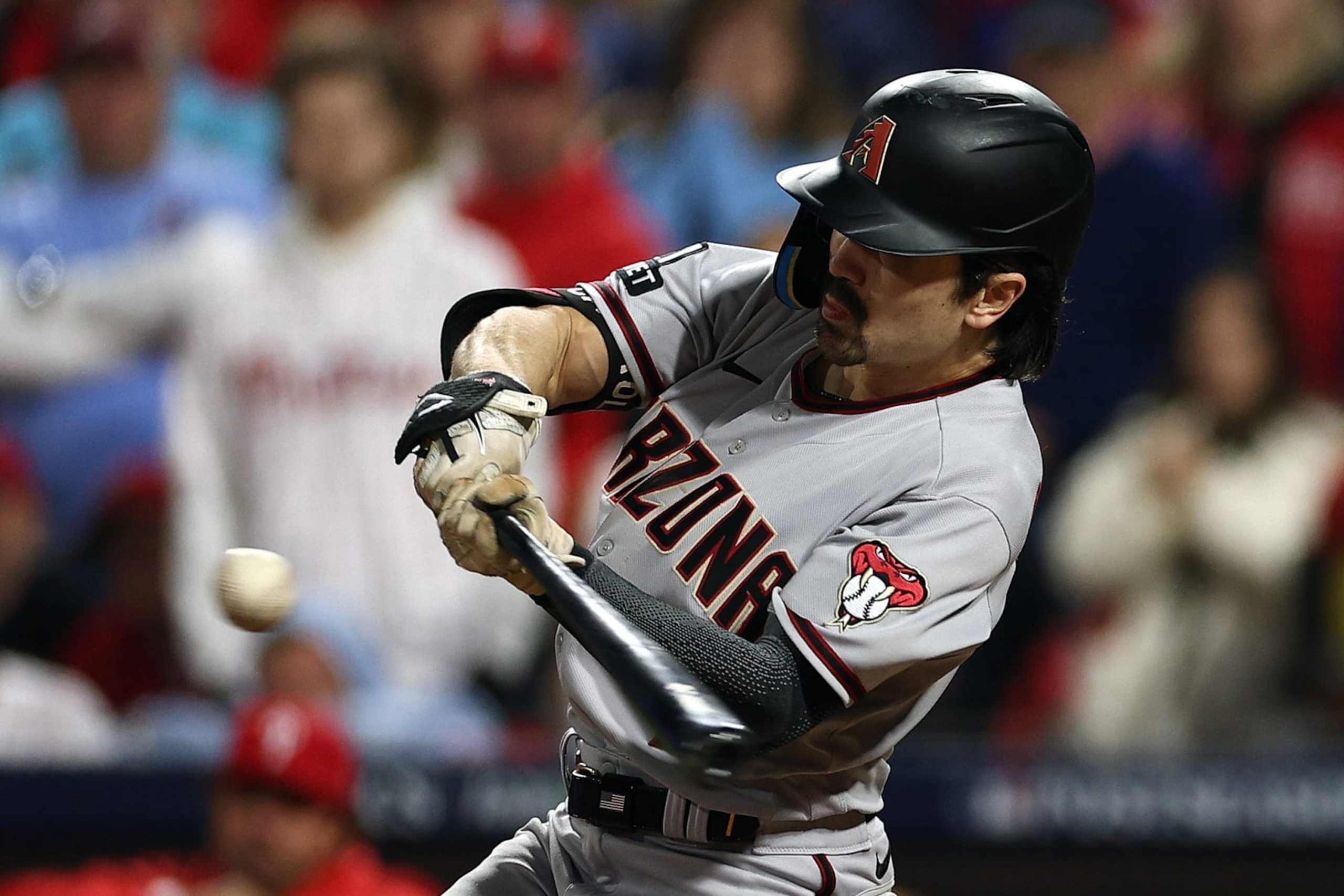 PHILADELPHIA, PENNSYLVANIA - OCTOBER 24: Corbin Carroll #7 of the Arizona Diamondbacks hits an RBI sacrifice fly against the Philadelphia Phillies during the seventh inning in Game Seven of the Championship Series at Citizens Bank Park on October 24, 2023 in Philadelphia, Pennsylvania. (Photo by Elsa/Getty Images) PHILADELPHIA, PENNSYLVANIA - OCTOBER 24: Corbin Carroll #7 of the Arizona Diamondbacks hits an RBI sacrifice fly against the Philadelphia Phillies during the seventh inning in Game Seven of the Championship Series at Citizens Bank Park on October 24, 2023 in Philadelphia, Pennsylvania. (Photo by Elsa/Getty Images)