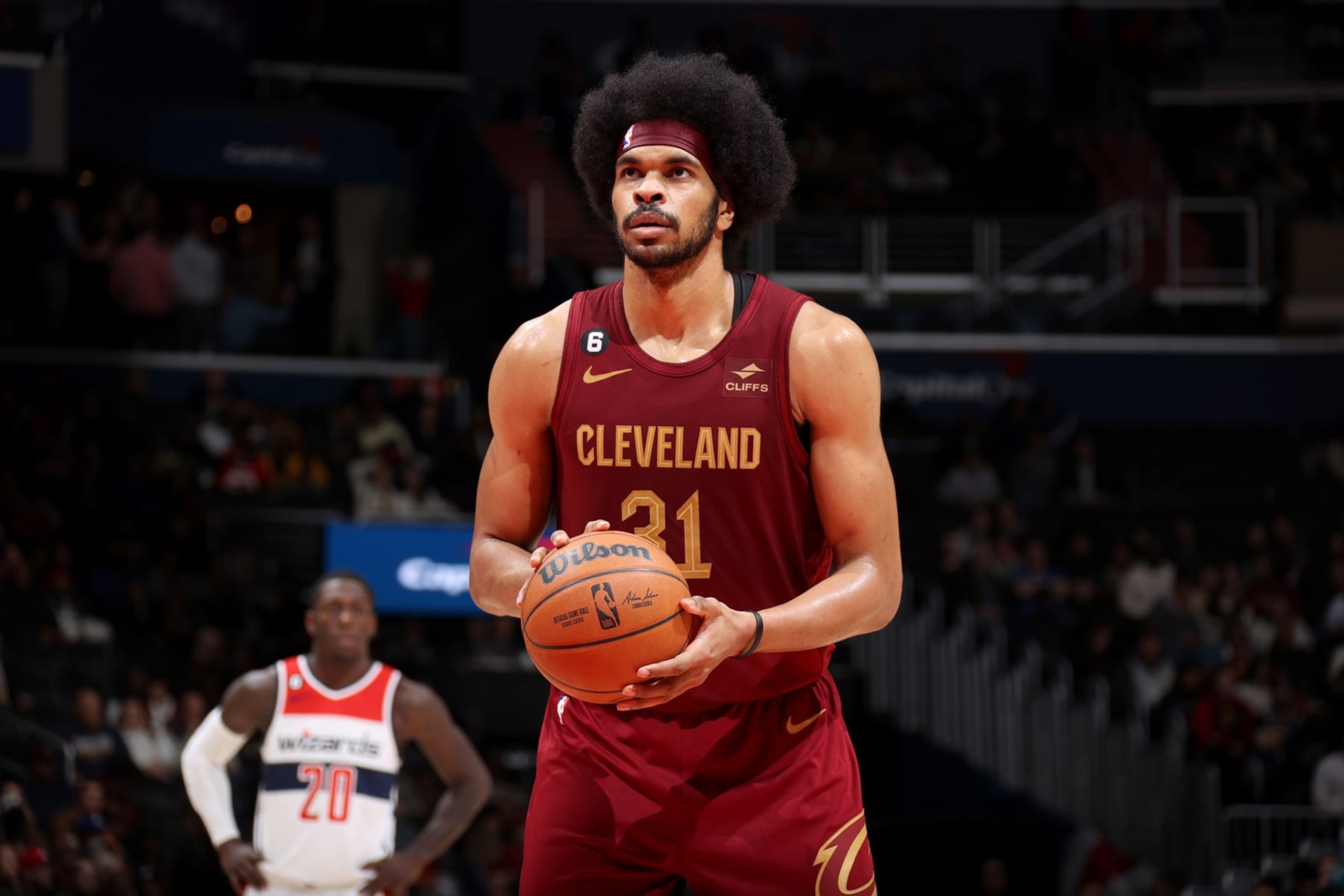 WASHINGTON, DC - FEBRUARY 6: Jarrett Allen #31 of the Cleveland Cavaliers prepares to shoot a free throw during the game against the Washington Wizards on February 6, 2023 at Capital One Arena in Washington, DC. NOTE TO USER: User expressly acknowledges and agrees that, by downloading and or using this Photograph, user is consenting to the terms and conditions of the Getty Images License Agreement. Mandatory Copyright Notice: Copyright 2023 NBAE (Photo by Stephen Gosling/NBAE via Getty Images) WASHINGTON, DC - FEBRUARY 6: Jarrett Allen #31 of the Cleveland Cavaliers prepares to shoot a free throw during the game against the Washington Wizards on February 6, 2023 at Capital One Arena in Washington, DC. NOTE TO USER: User expressly acknowledges and agrees that, by downloading and or using this Photograph, user is consenting to the terms and conditions of the Getty Images License Agreement. Mandatory Copyright Notice: Copyright 2023 NBAE (Photo by Stephen Gosling/NBAE via Getty Images)