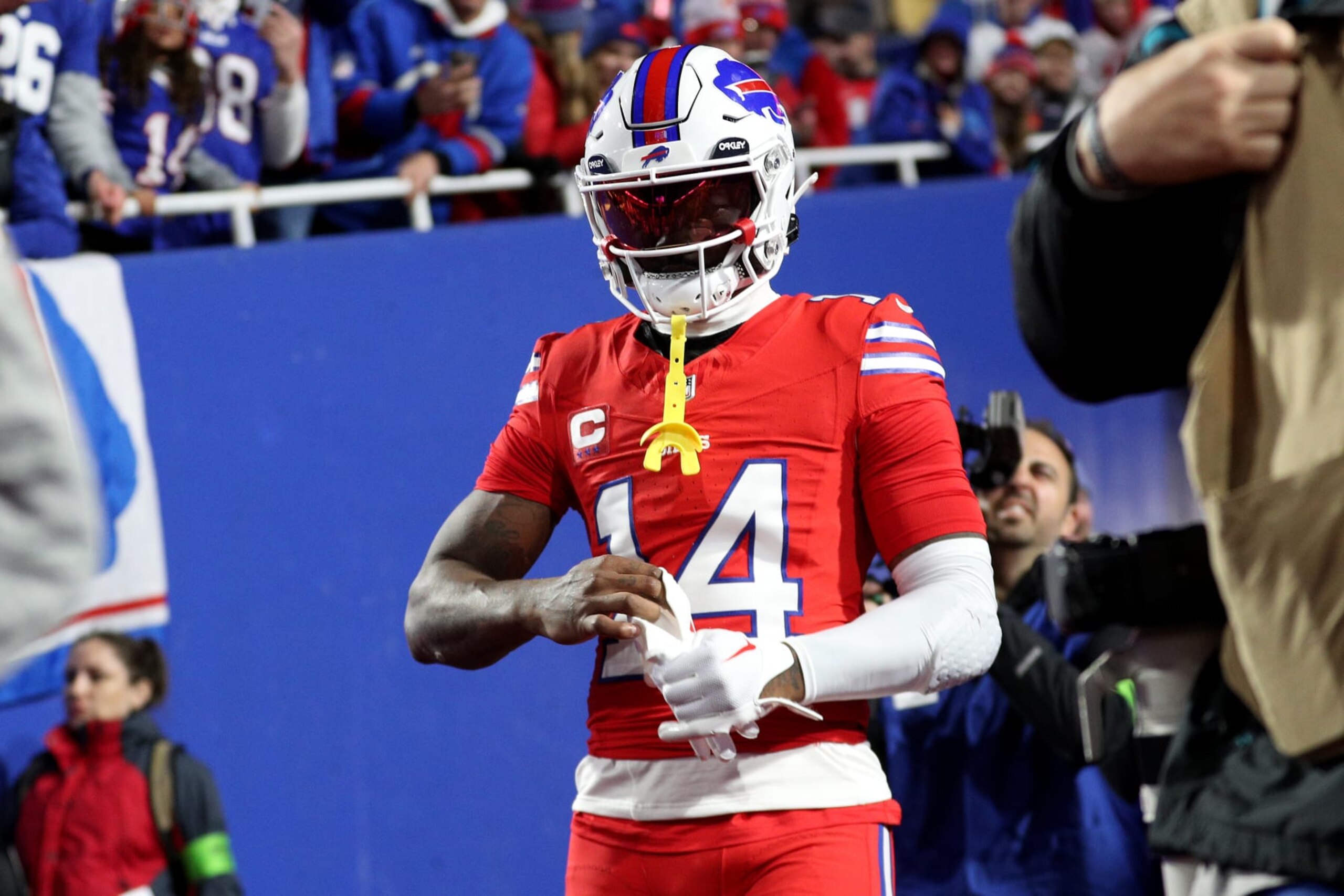 ORCHARD PARK, NEW YORK - OCTOBER 15: Stefon Diggs #14 of the Buffalo Bills walks to the field prior to a game against the New York Giants at Highmark Stadium on October 15, 2023 in Orchard Park, New York. (Photo by Bryan Bennett/Getty Images)