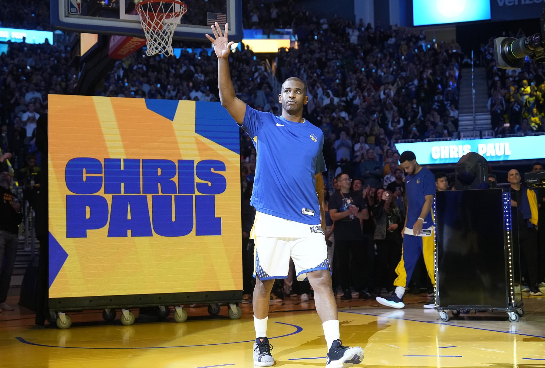 SAN FRANCISCO, CALIFORNIA - OCTOBER 24: Chris Paul #3 of the Golden State Warriors is introduced to the fans during player introductions prior to the start of the game against the Phoenix Suns at Chase Center on October 24, 2023 in San Francisco, California. NOTE TO USER: User expressly acknowledges and agrees that, by downloading and or using this photograph, User is consenting to the terms and conditions of the Getty Images License Agreement. (Photo by Thearon W. Henderson/Getty Images)