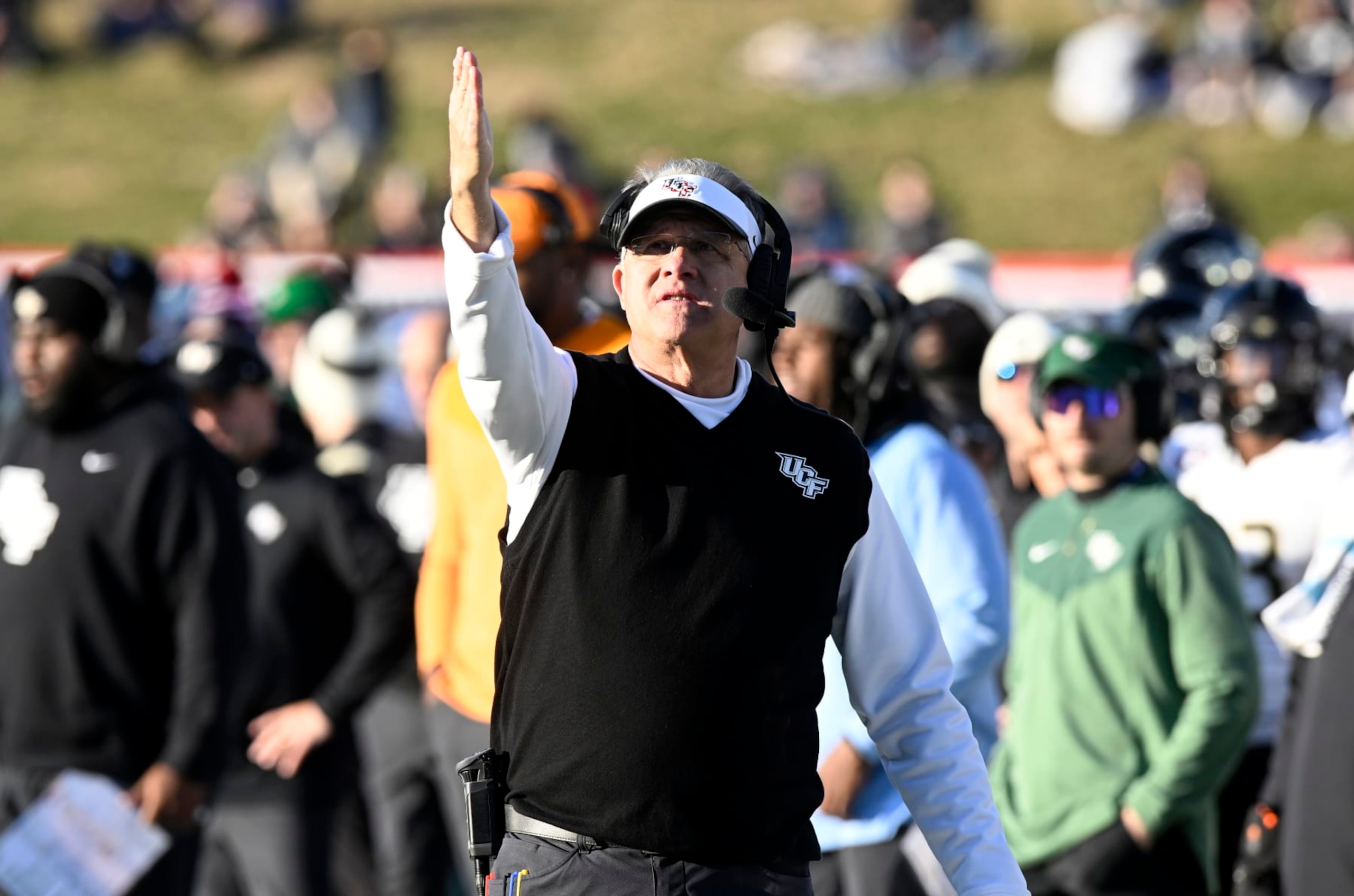 ANNAPOLIS, MARYLAND - DECEMBER 28: Head coach Gus Malzahn of the UCF Knights reacts to a call in the game against the Duke Blue Devils in the Military Bowl Presented by Peraton  at Navy-Marine Corps Memorial Stadium on December 28, 2022 in Annapolis, Maryland. (Photo by G Fiume/Getty Images)