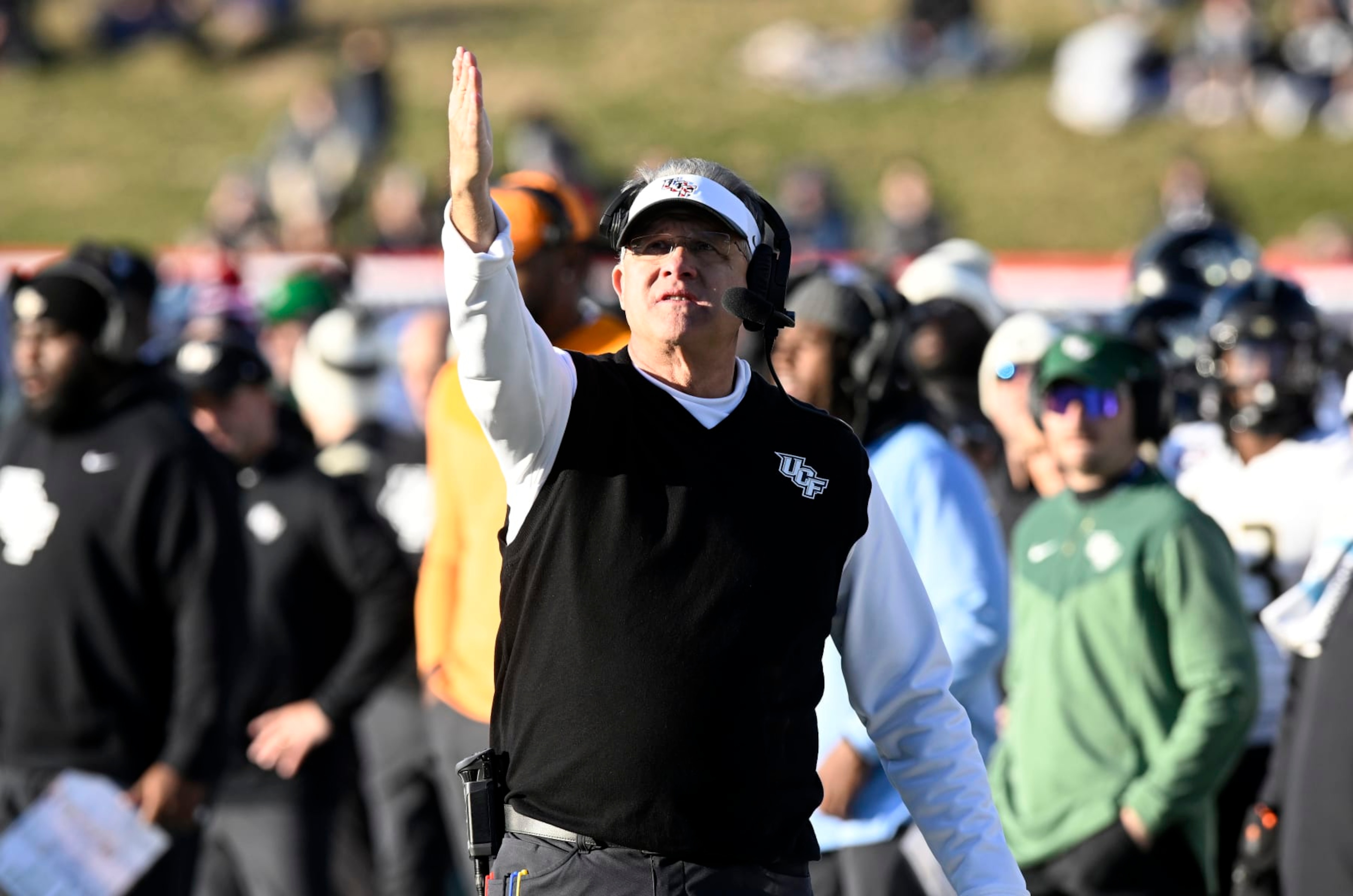ANNAPOLIS, MARYLAND - DECEMBER 28: Head coach Gus Malzahn of the UCF Knights reacts to a call in the game against the Duke Blue Devils in the Military Bowl Presented by Peraton  at Navy-Marine Corps Memorial Stadium on December 28, 2022 in Annapolis, Maryland. (Photo by G Fiume/Getty Images)