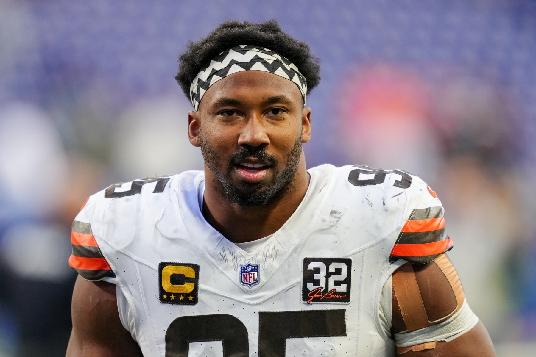 INDIANAPOLIS, INDIANA - OCTOBER 22: Myles Garrett #95 of the Cleveland Browns walks off the field after beating the Indianapolis Colts 39-38 at Lucas Oil Stadium on October 22, 2023 in Indianapolis, Indiana. (Photo by Dylan Buell/Getty Images)
