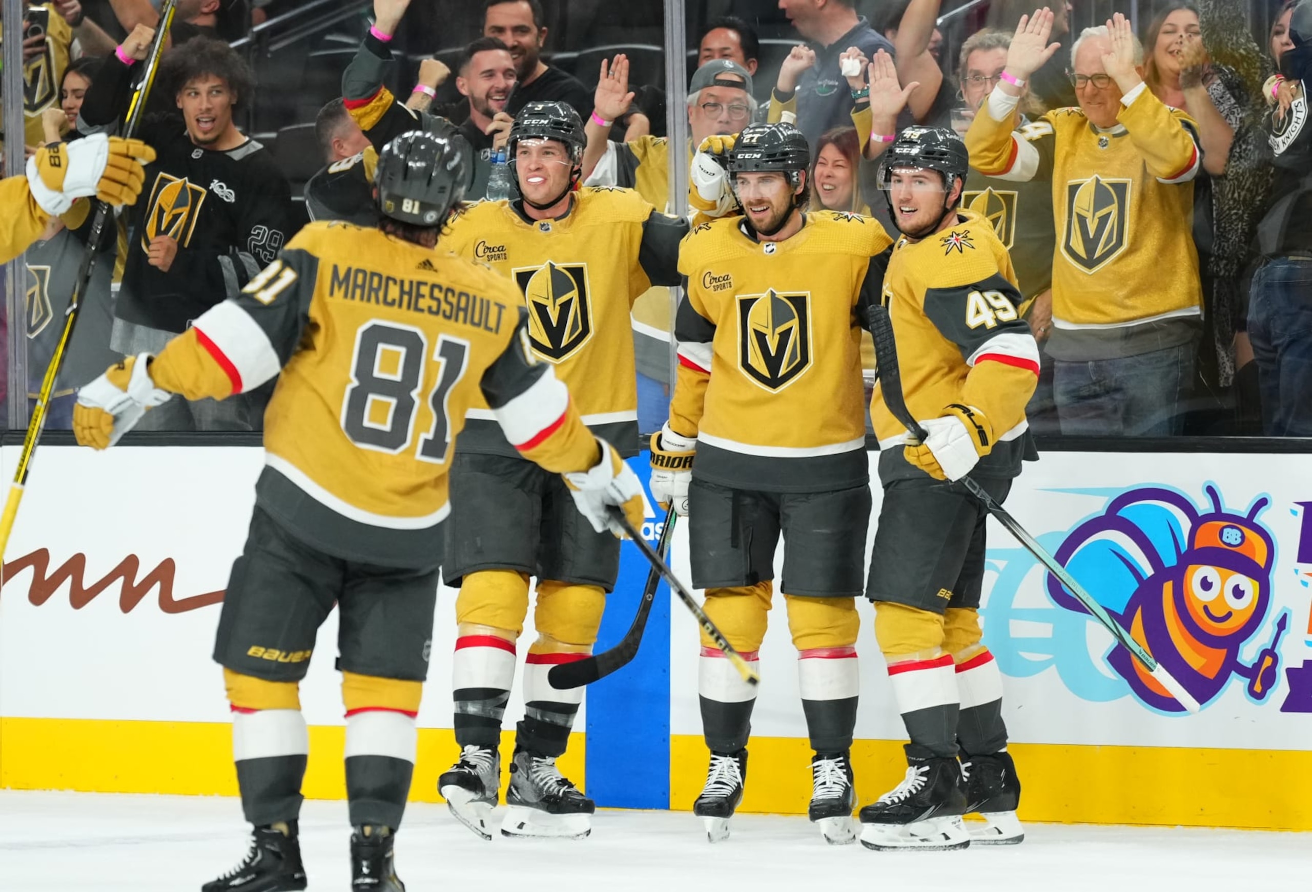 LAS VEGAS, NEVADA - OCTOBER 24: Shea Theodore #27 of the Vegas Golden Knights celebrates with teammates after scoring the game-winning goal during the third period against the Philadelphia Flyers at T-Mobile Arena on October 24, 2023 in Las Vegas, Nevada. (Photo by Jeff Bottari/NHLI via Getty Images)