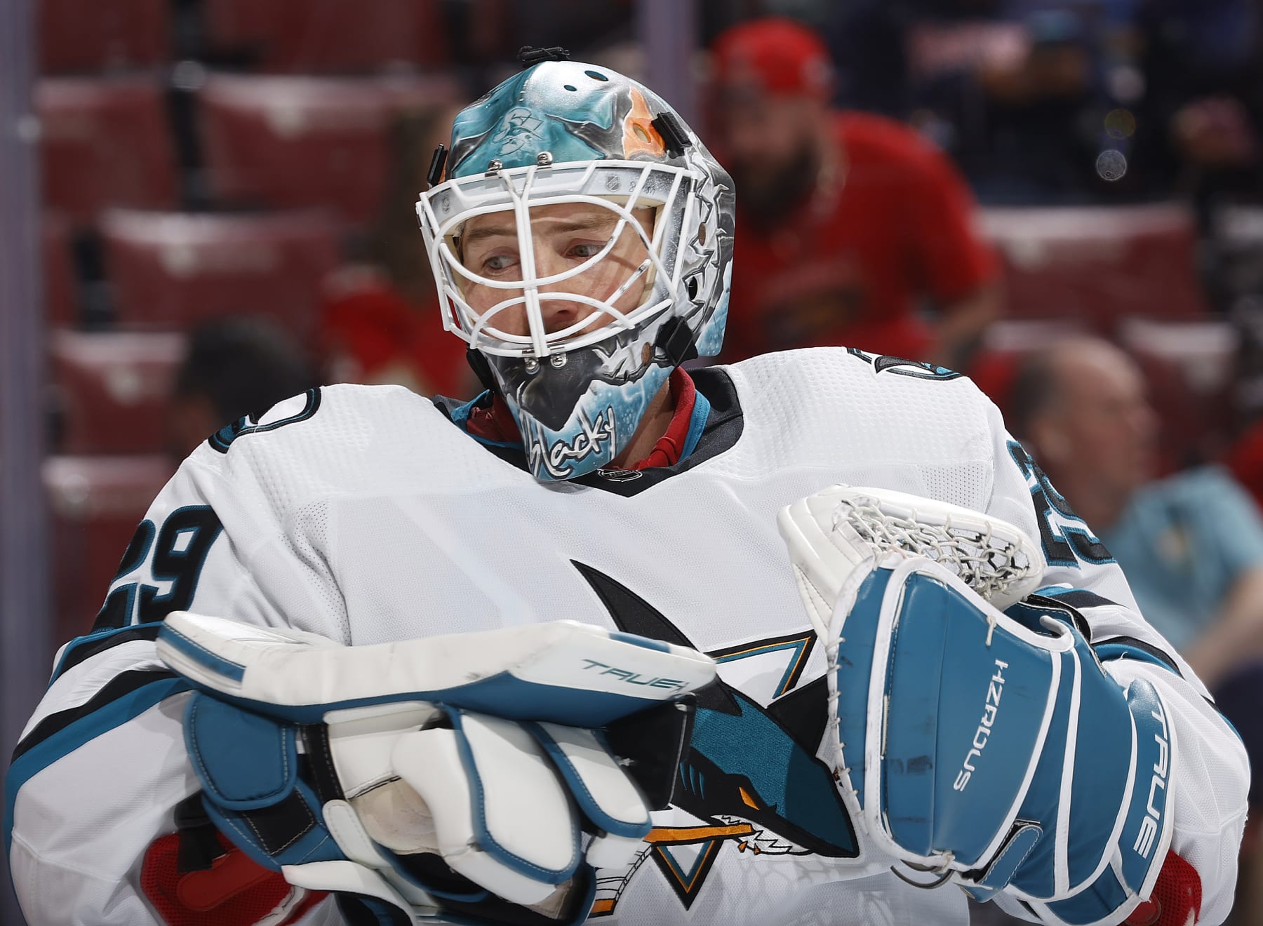 SUNRISE, FL - OCTOBER 24: Goaltender MacKenzie Blackwood #29 of the San Jose Sharks prepares for first period action against the Florida Panthers at the Amerant Bank Arena on October 24, 2023 in Sunrise, Florida. (Photo by Joel Auerbach/Getty Images)