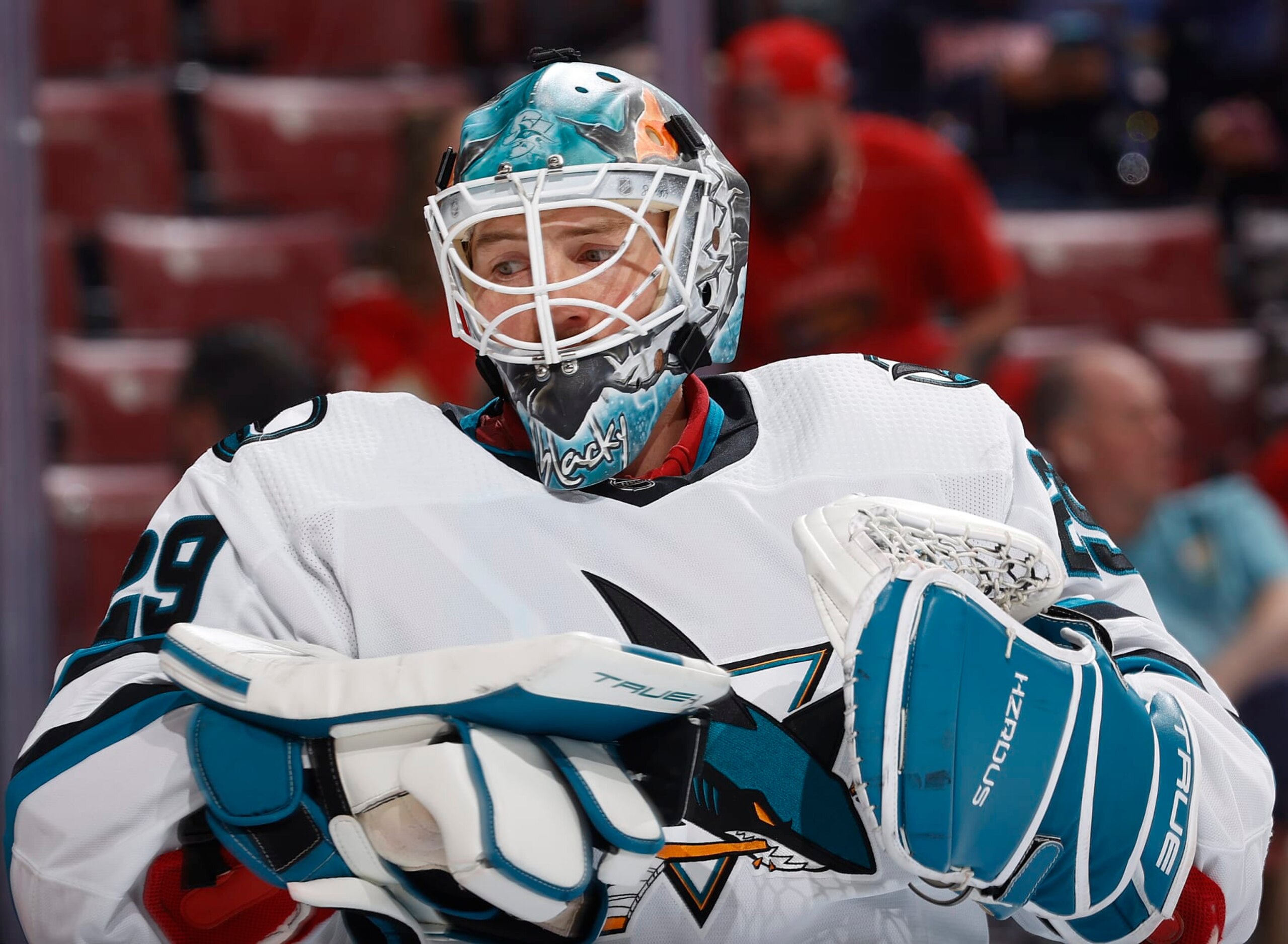 SUNRISE, FL - OCTOBER 24: Goaltender MacKenzie Blackwood #29 of the San Jose Sharks prepares for first period action against the Florida Panthers at the Amerant Bank Arena on October 24, 2023 in Sunrise, Florida. (Photo by Joel Auerbach/Getty Images)