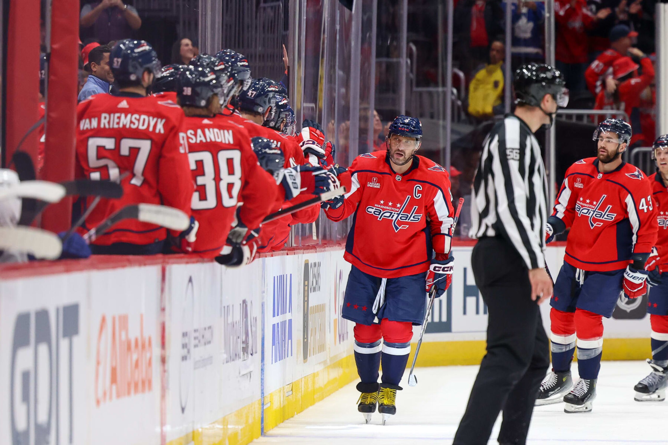 WASHINGTON, DC - OCTOBER 24: Alex Ovechkin #8 of the Washington Capitals celebrates a power play goal in the second period of a game against the Toronto Maple Leafs at Capital One Arena on October 24, 2023 in Washington, D.C. (Photo by John McCreary/NHLI via Getty Images)