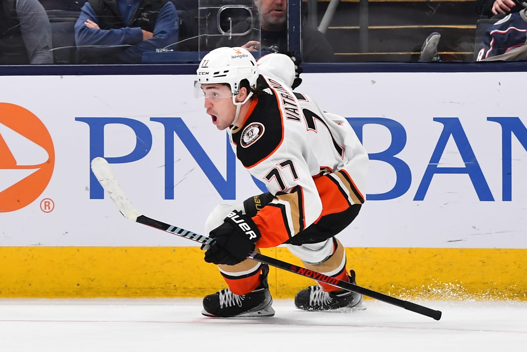 COLUMBUS, OHIO - OCTOBER 24: Frank Vatrano #77 of the Anaheim Ducks reacts after scoring the game-winning overtime goal in a game against the Columbus Blue Jackets at Nationwide Arena on October 24, 2023 in Columbus, Ohio. (Photo by Ben Jackson/NHLI via Getty Images)