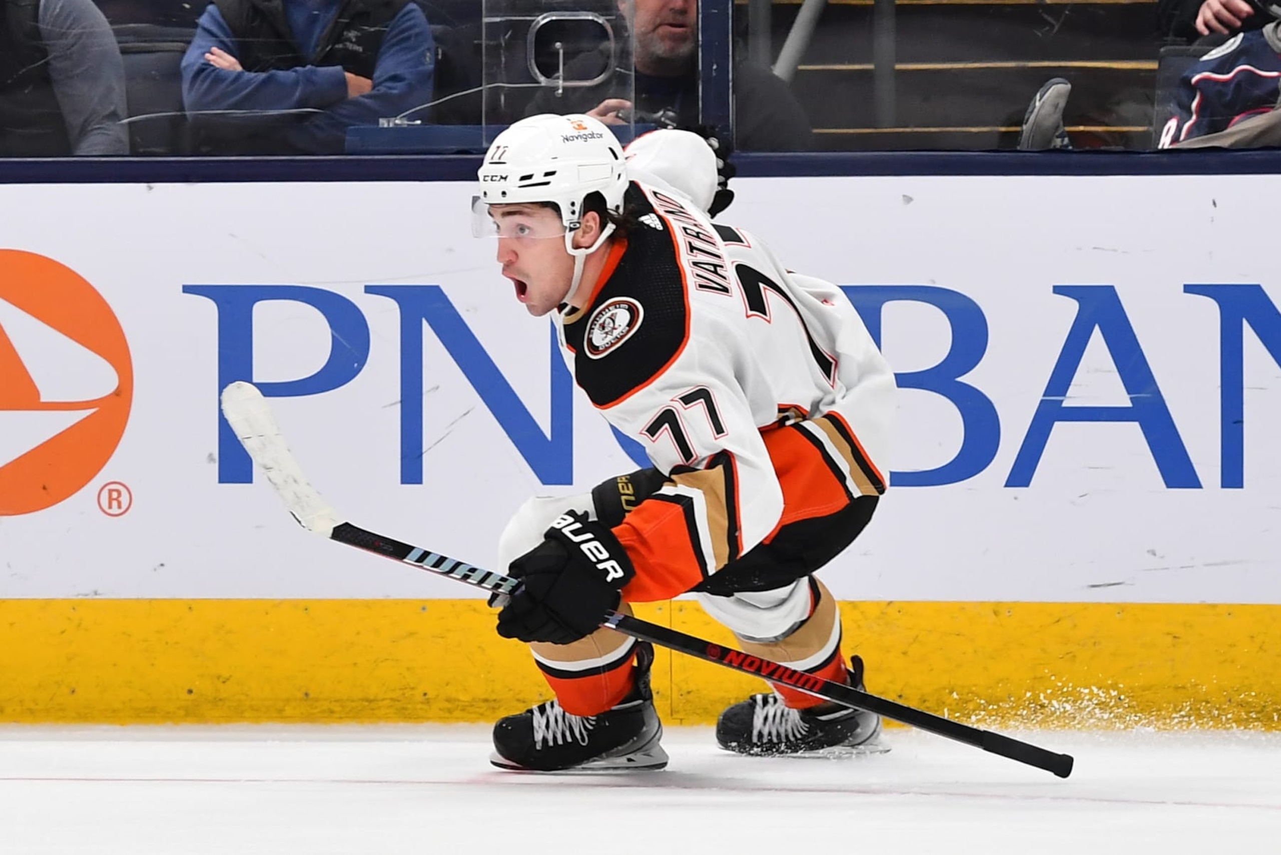 COLUMBUS, OHIO - OCTOBER 24: Frank Vatrano #77 of the Anaheim Ducks reacts after scoring the game-winning overtime goal in a game against the Columbus Blue Jackets at Nationwide Arena on October 24, 2023 in Columbus, Ohio. (Photo by Ben Jackson/NHLI via Getty Images)