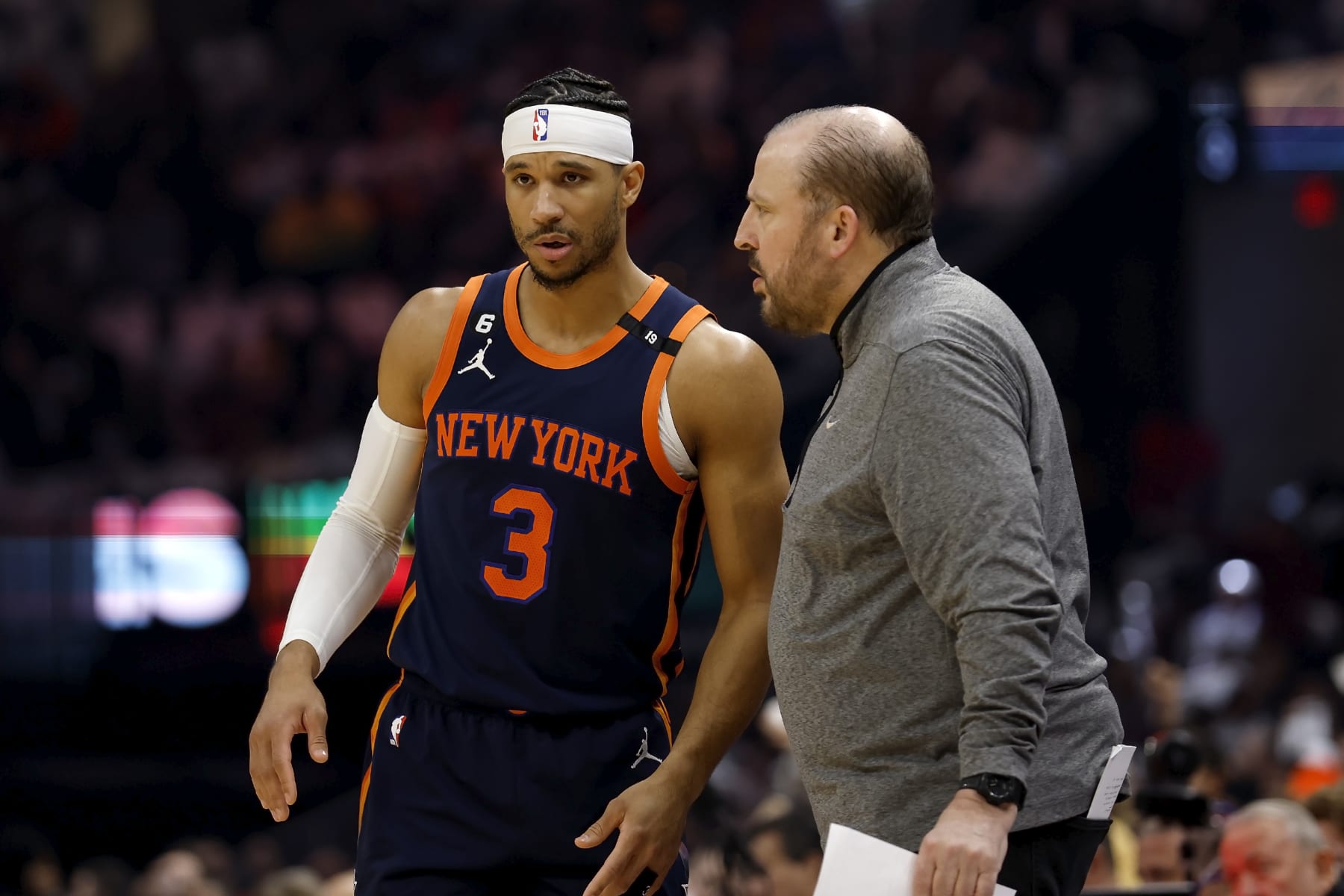 CLEVELAND, OH - APRIL 26:  Head coach Tom Thibodeau of the New York Knicks talks with Josh Hart #3 during  Game Five of the Eastern Conference First Round Playoffs against the Cleveland Cavaliers at Rocket Mortgage Fieldhouse on April 26, 2023 in Cleveland, Ohio. NOTE TO USER: User expressly acknowledges and agrees that, by downloading and or using this photograph, User is consenting to the terms and conditions of the Getty Images License Agreement. (Photo by Kirk Irwin/Getty Images)
