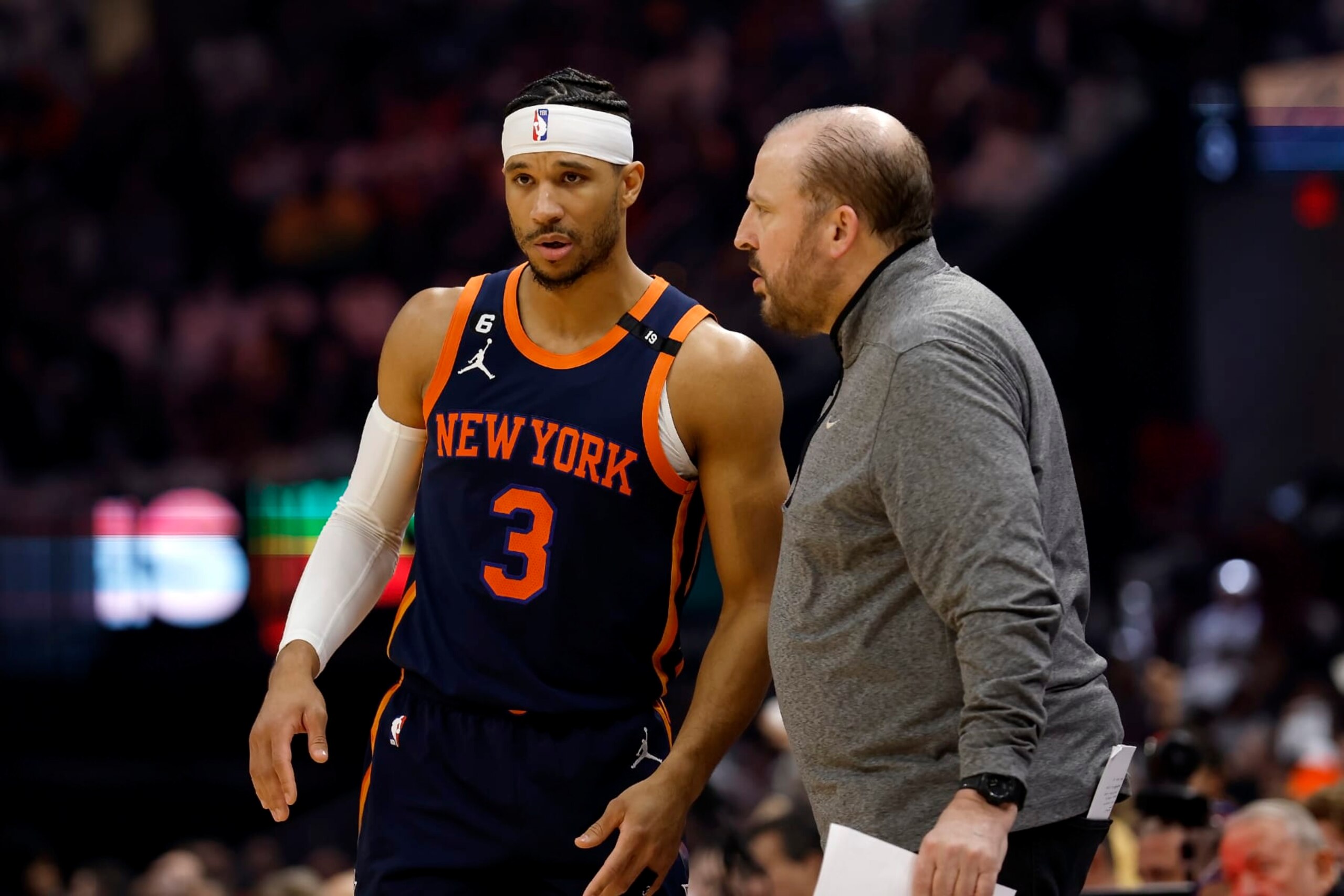 CLEVELAND, OH - APRIL 26:  Head coach Tom Thibodeau of the New York Knicks talks with Josh Hart #3 during  Game Five of the Eastern Conference First Round Playoffs against the Cleveland Cavaliers at Rocket Mortgage Fieldhouse on April 26, 2023 in Cleveland, Ohio. NOTE TO USER: User expressly acknowledges and agrees that, by downloading and or using this photograph, User is consenting to the terms and conditions of the Getty Images License Agreement. (Photo by Kirk Irwin/Getty Images)