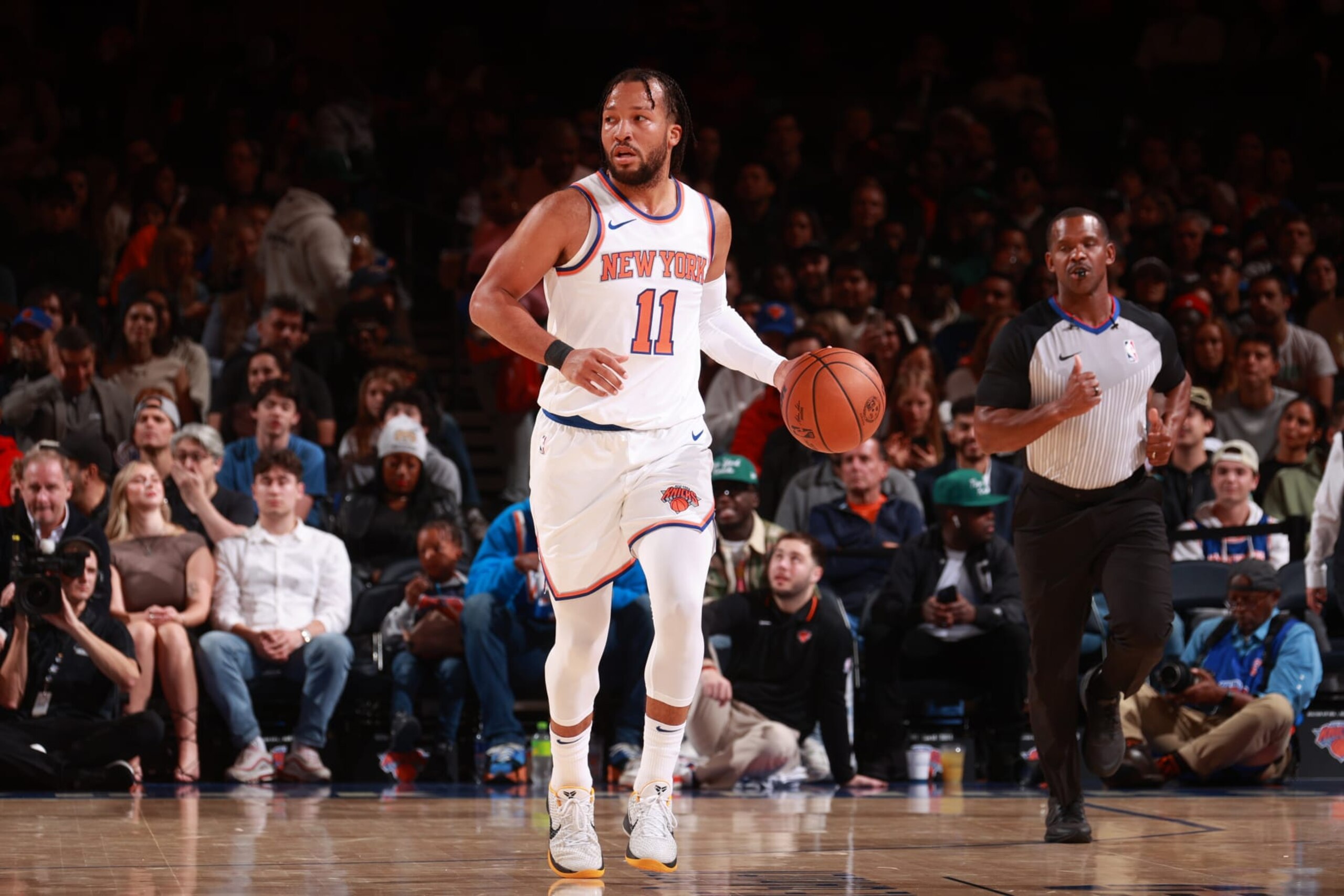 NEW YORK, NY - OCTOBER 14: Jalen Brunson #11 of the New York Knicks handles the ball during the preseason game on October 14, 2023 at Madison Square Garden in New York City, New York.  NOTE TO USER: User expressly acknowledges and agrees that, by downloading and or using this photograph, User is consenting to the terms and conditions of the Getty Images License Agreement. Mandatory Copyright Notice: Copyright 2023 NBAE  (Photo by Nathaniel S. Butler/NBAE via Getty Images)