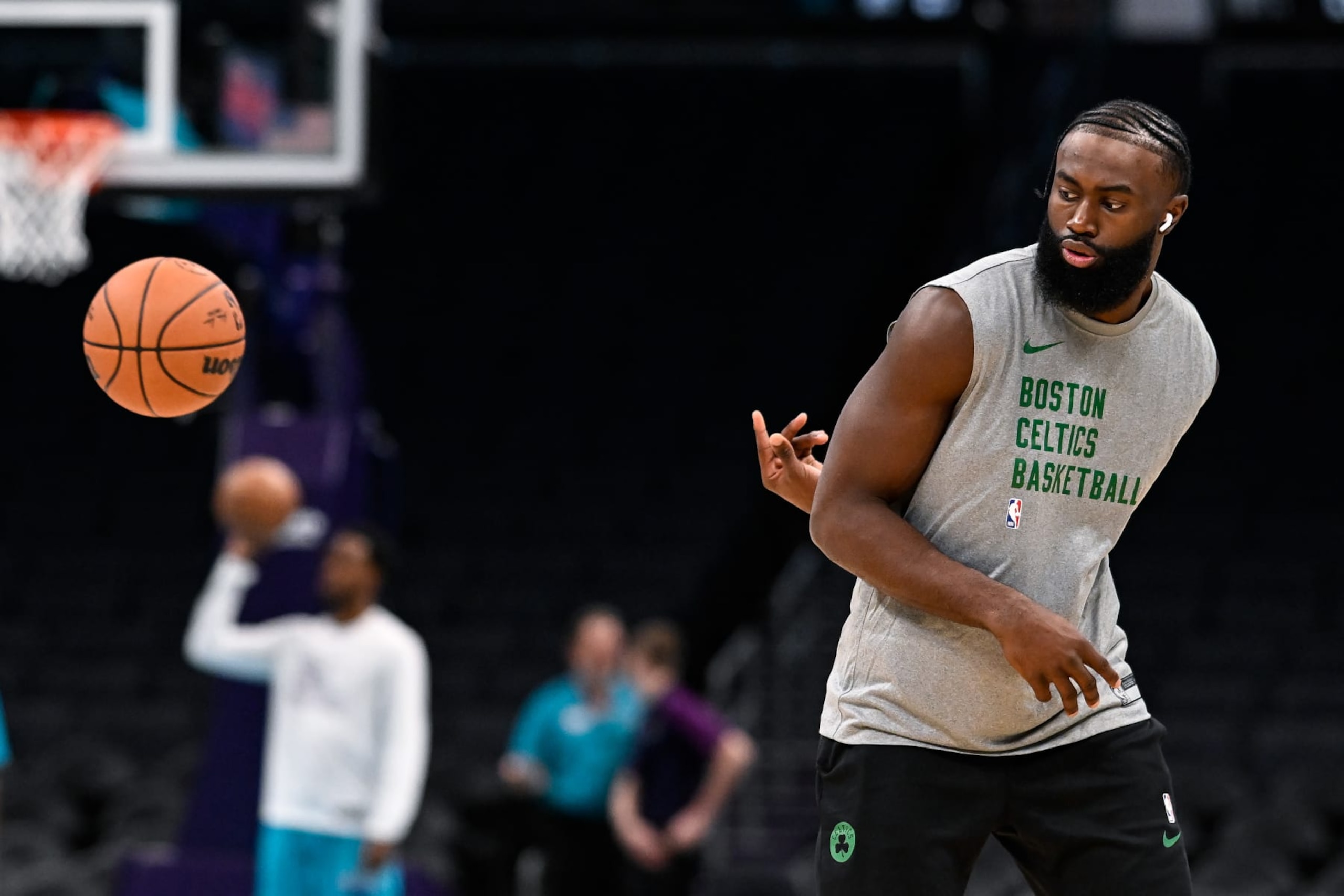 CHARLOTTE, NORTH CAROLINA - OCTOBER 19: Jaylen Brown #7 of the Boston Celtics warms up prior to the preseason game against the Charlotte Hornets at Spectrum Center on October 19, 2023 in Charlotte, North Carolina. NOTE TO USER: User expressly acknowledges and agrees that, by downloading and or using this photograph, User is consenting to the terms and conditions of the Getty Images License Agreement.  (Photo by Matt Kelley/Getty Images)