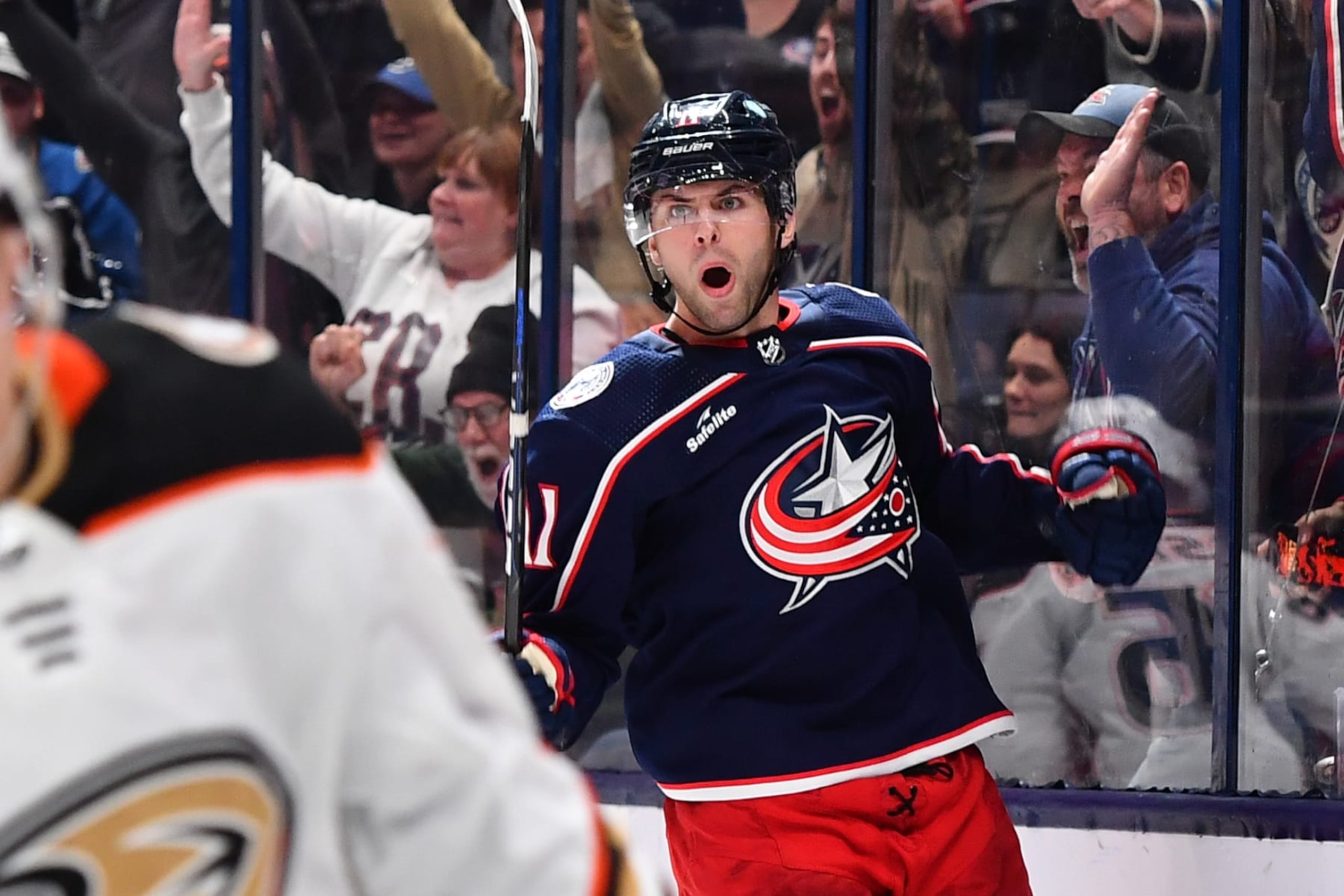 COLUMBUS, OHIO - OCTOBER 24: Adam Fantilli #11 of the Columbus Blue Jackets reacts after scoring a goal during the third period of a game against the Anaheim Ducks at Nationwide Arena on October 24, 2023 in Columbus, Ohio. (Photo by Ben Jackson/NHLI via Getty Images)