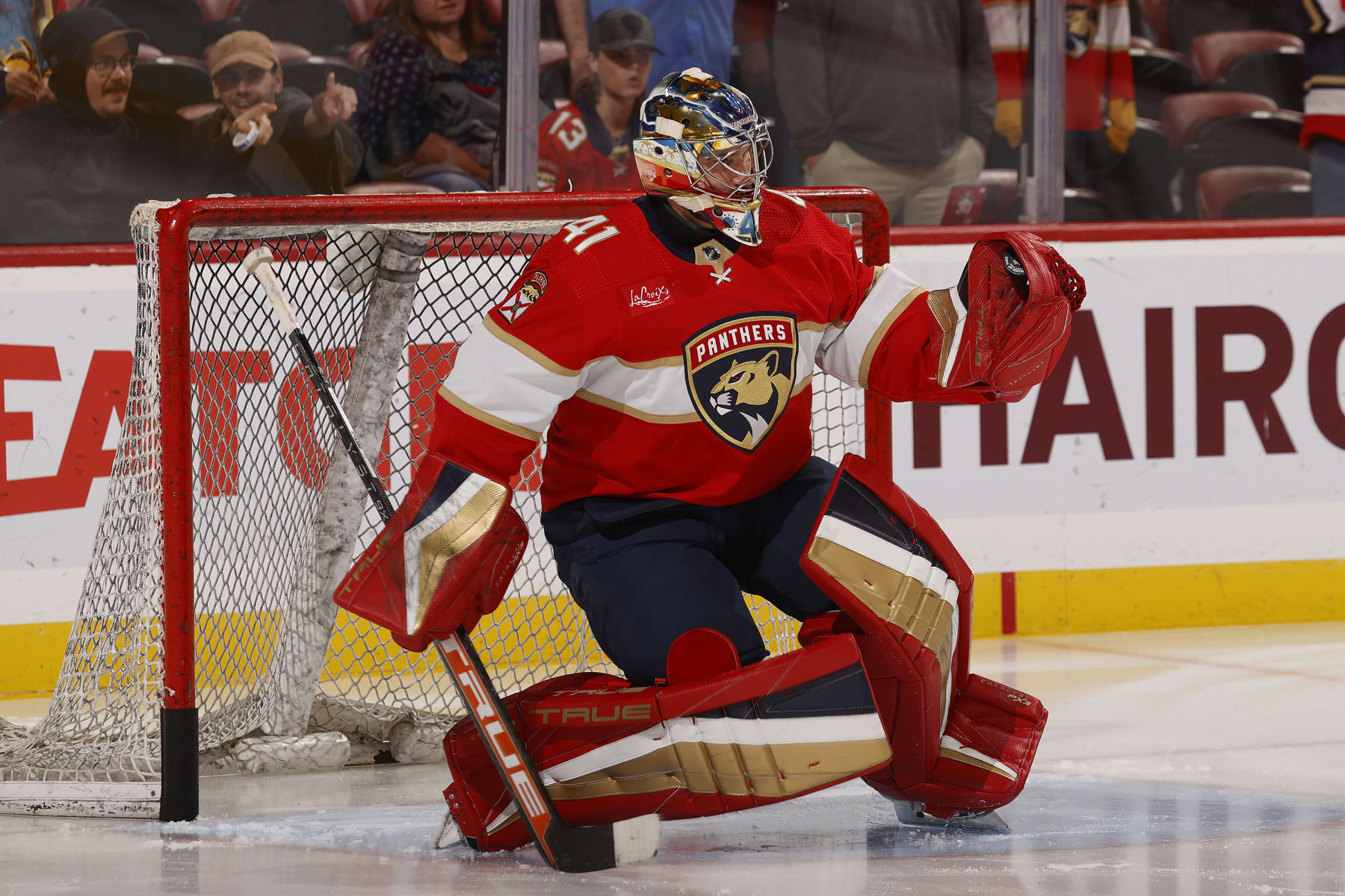 SUNRISE, FLORIDA - OCTOBER 24: Goaltender Anthony Stolarz #41 of the Florida Panthers warms up in net prior to the start of the game against the San Jose Sharks at the Amerant Bank Arena on October 24, 2023 in Sunrise, Florida. (Photo by Eliot J. Schechter/NHLI via Getty Images)