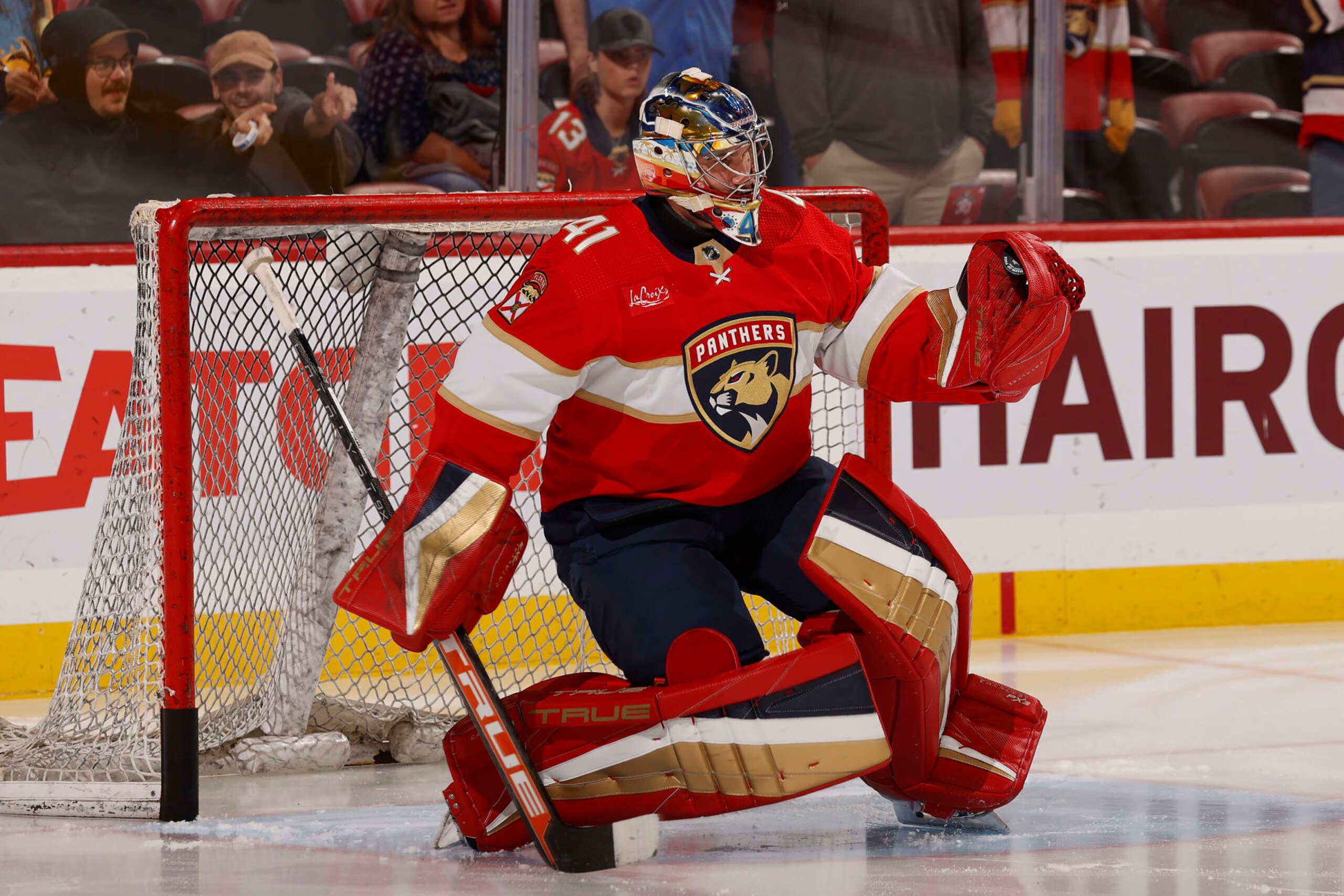 SUNRISE, FLORIDA - OCTOBER 24: Goaltender Anthony Stolarz #41 of the Florida Panthers warms up in net prior to the start of the game against the San Jose Sharks at the Amerant Bank Arena on October 24, 2023 in Sunrise, Florida. (Photo by Eliot J. Schechter/NHLI via Getty Images)