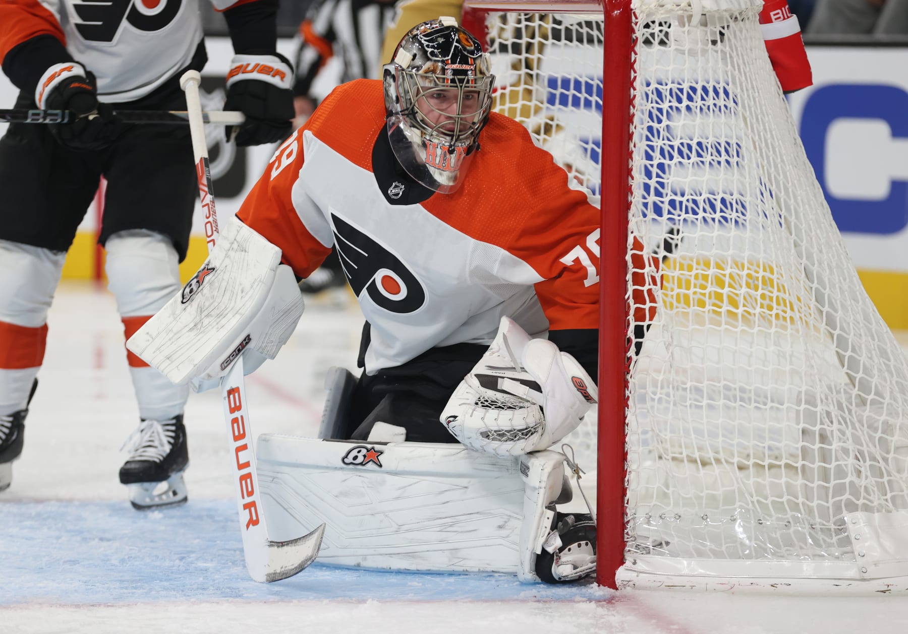 LAS VEGAS, NEVADA - OCTOBER 24: Carter Hart #79 of the Philadelphia Flyers tends net during the second period against the Vegas Golden Knights at T-Mobile Arena on October 24, 2023 in Las Vegas, Nevada. (Photo by Zak Krill/NHLI via Getty Images)
