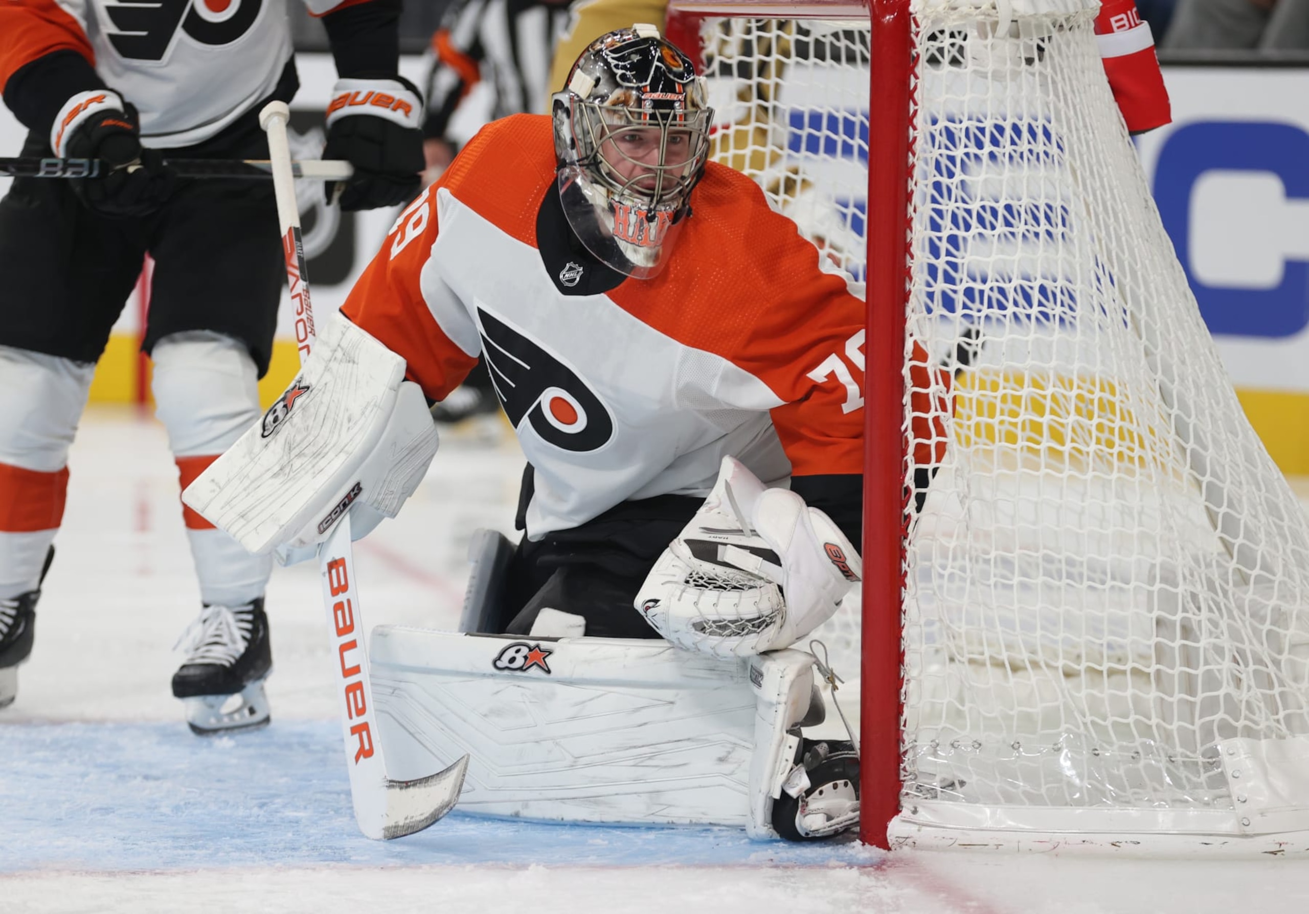 LAS VEGAS, NEVADA - OCTOBER 24: Carter Hart #79 of the Philadelphia Flyers tends net during the second period against the Vegas Golden Knights at T-Mobile Arena on October 24, 2023 in Las Vegas, Nevada. (Photo by Zak Krill/NHLI via Getty Images)
