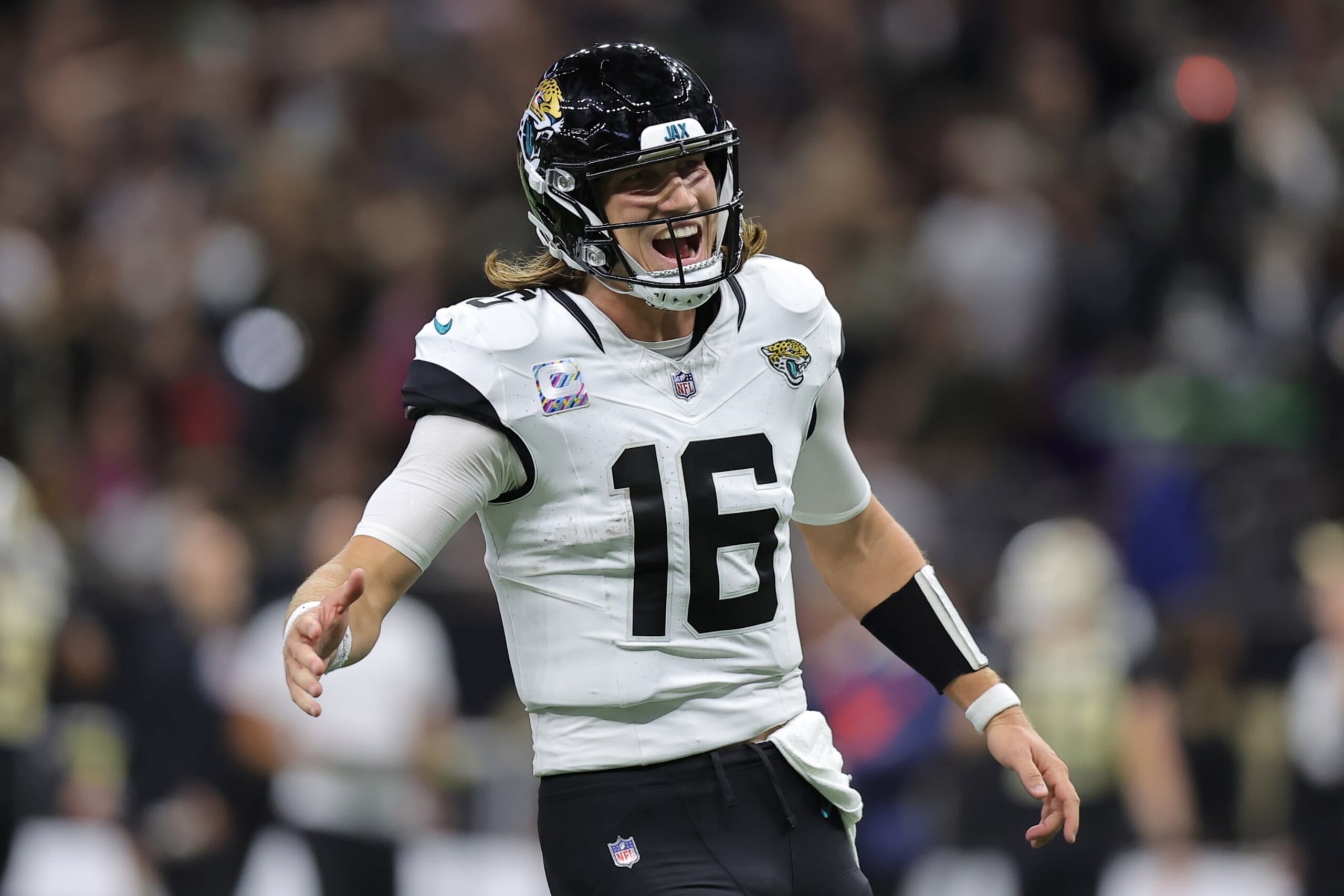NEW ORLEANS, LOUISIANA - OCTOBER 19: Trevor Lawrence #16 of the Jacksonville Jaguars reacts against the New Orleans Saints during a game at the Caesars Superdome on October 19, 2023 in New Orleans, Louisiana. (Photo by Jonathan Bachman/Getty Images)
