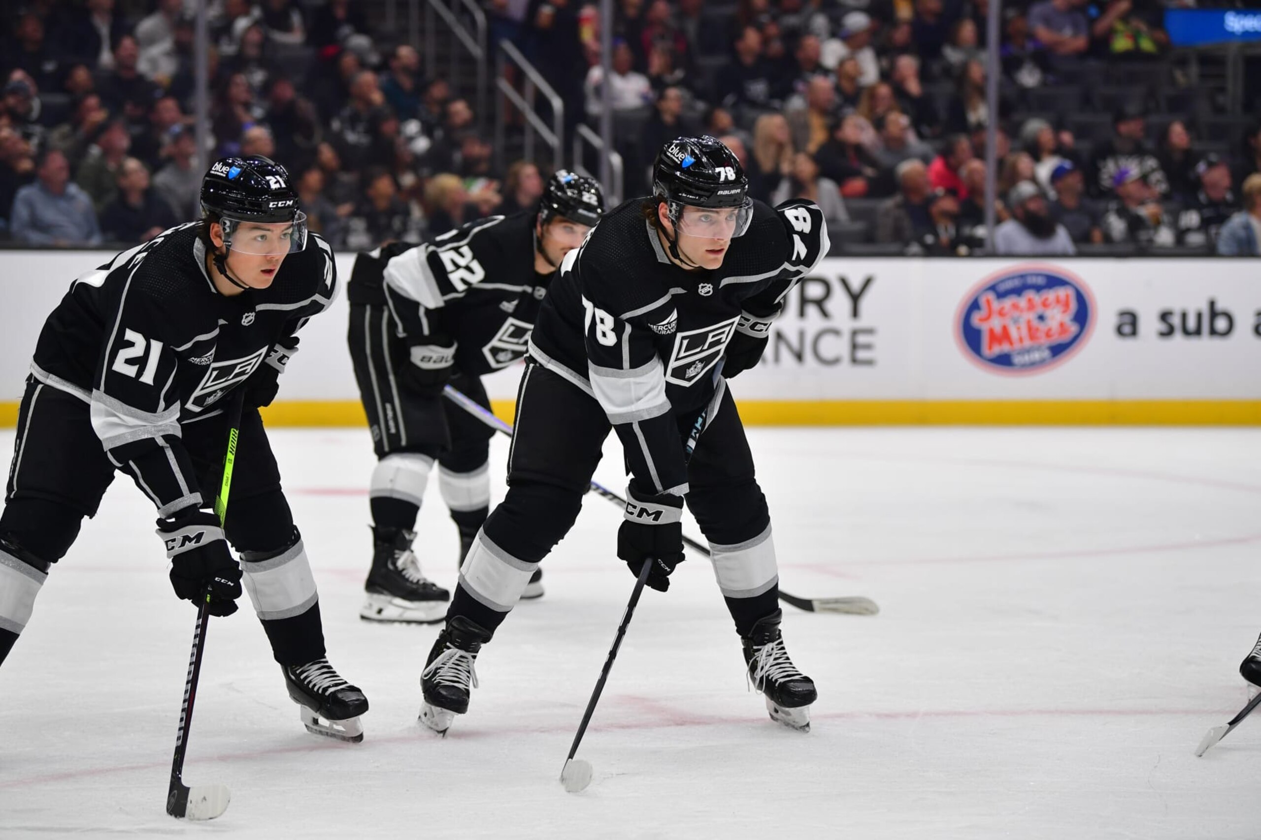 LOS ANGELES, CA - OCTOBER 24: Alex Laferriere #79 of the Los Angeles Kings looks on during the second period against the Arizona Coyotes at Crypto.com Arena on October 24, 2023 in Los Angeles, California. (Photo by Gary A. Vasquez/NHLI via Getty Images)