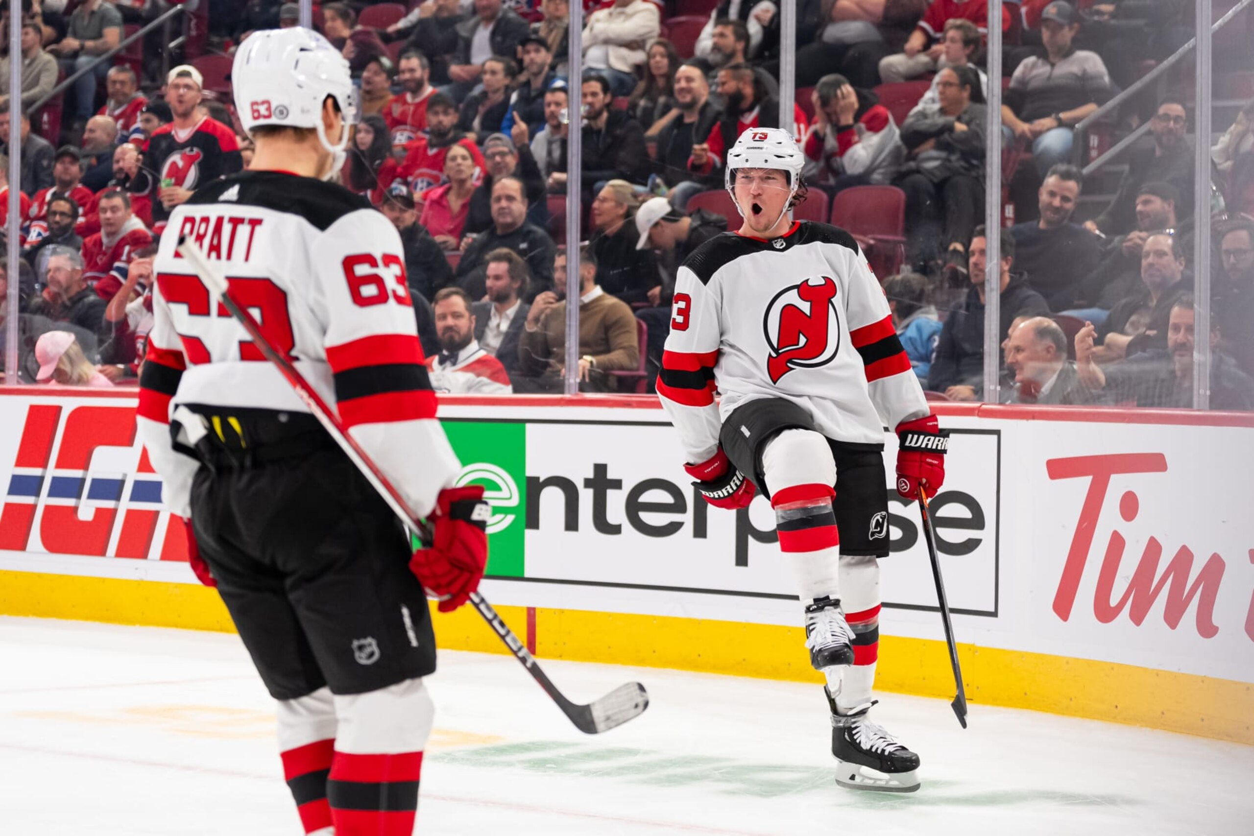 MONTREAL, CANADA - OCTOBER 24: Tyler Toffoli #73 of the New Jersey Devils celebrates after a goal during the third period of the NHL regular season game against the Montreal Canadiens at the Bell Centre on October 24, 2023 in Montreal, Quebec, Canada. (Photo by Arianne Bergeron/NHLI via Getty Images)